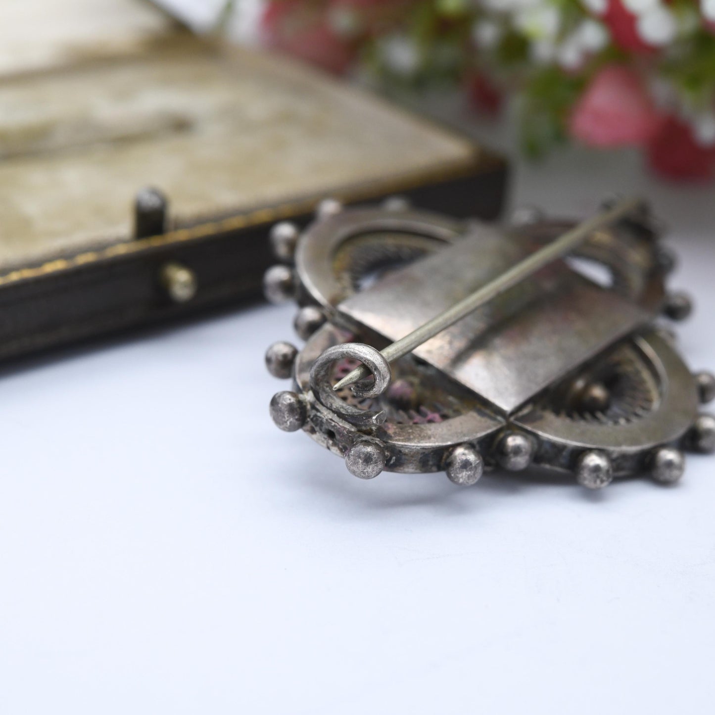 Antique Victorian Granulated Sterling Silver Brooch - Large Size Victorian Etruscan Revival Jewellery | Quatrefoil Shape Beaded Edge