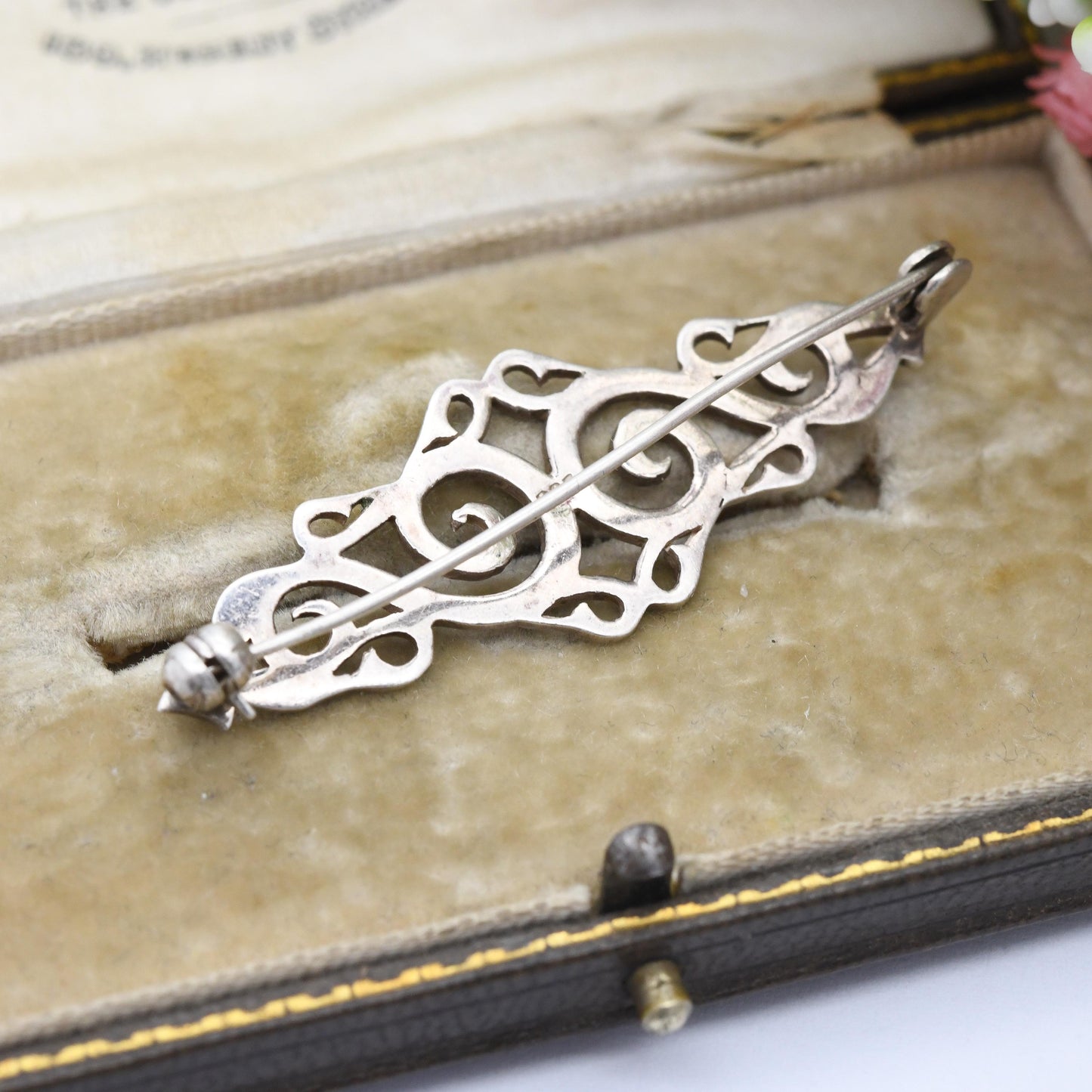 Vintage Sterling Silver Openwork Scrolling Bar Brooch c. 1990s