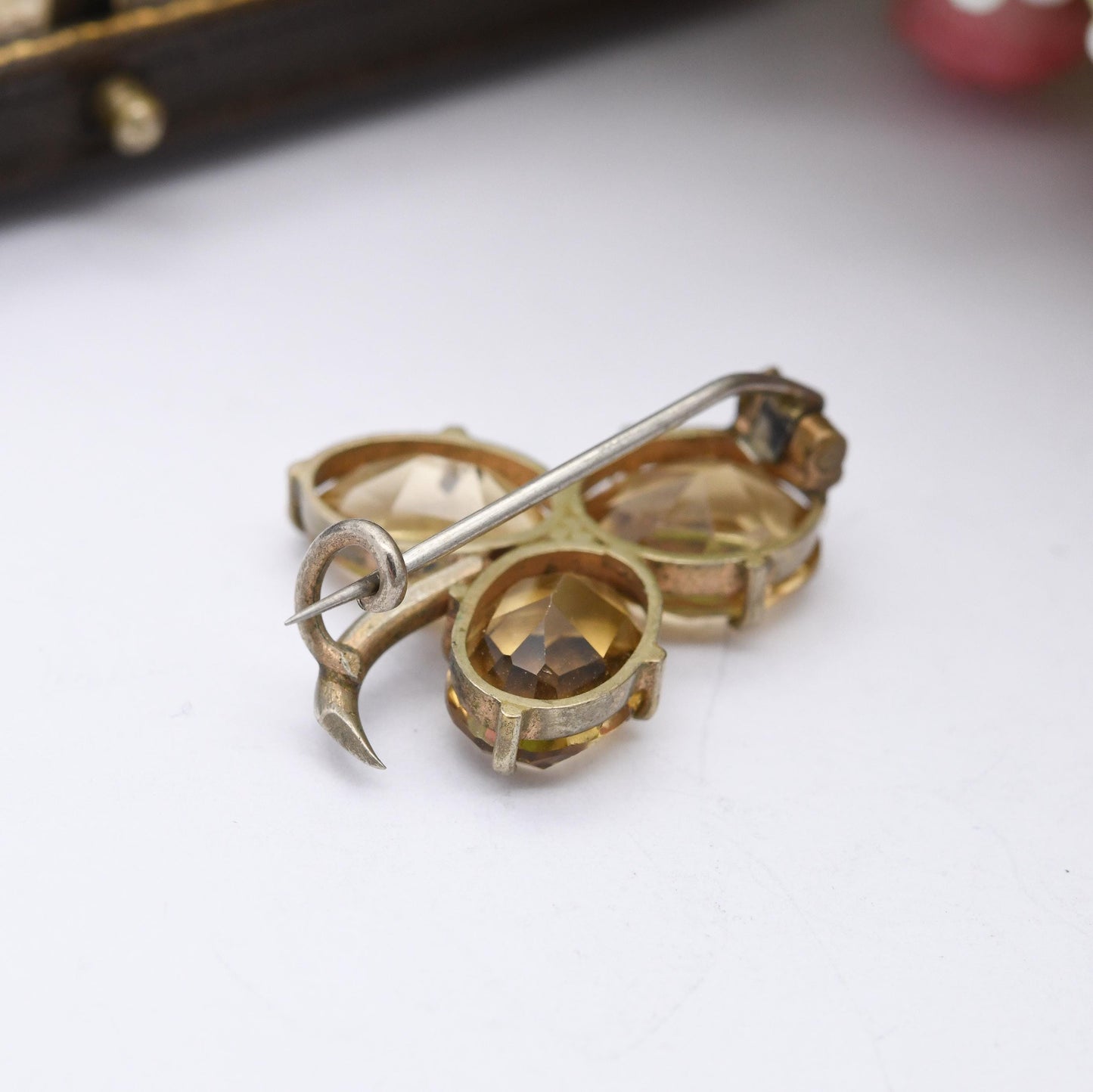 Antique Victorian Citrine Shamrock Brooch Silver Gilt - Three Leaf Faceted Gemstone Pin