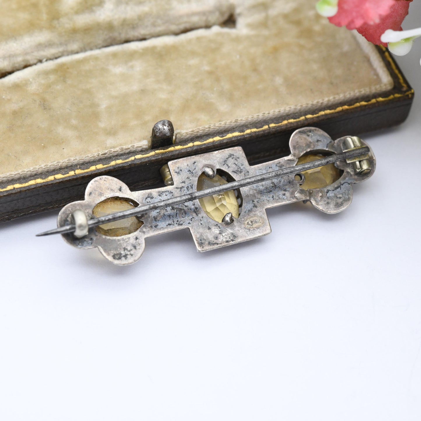 Antique Victorian Sterling Silver Citrine Brooch - Faceted Three Stone Orange Gemstone | Engraved Scrolling | Extended Brooch Pin