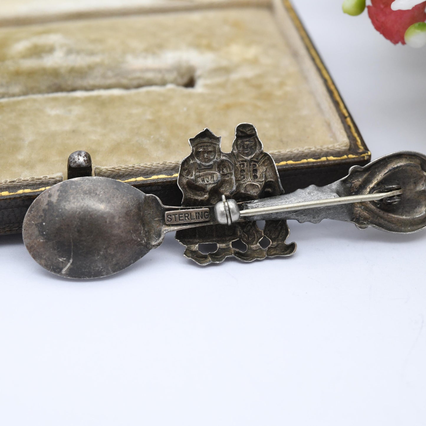 Vintage Sterling Silver Couple Sitting on a Spoon Brooch - Souvenir Teaspoon Cutlery Silver Jewellery | Detailed People in Traditional Dress