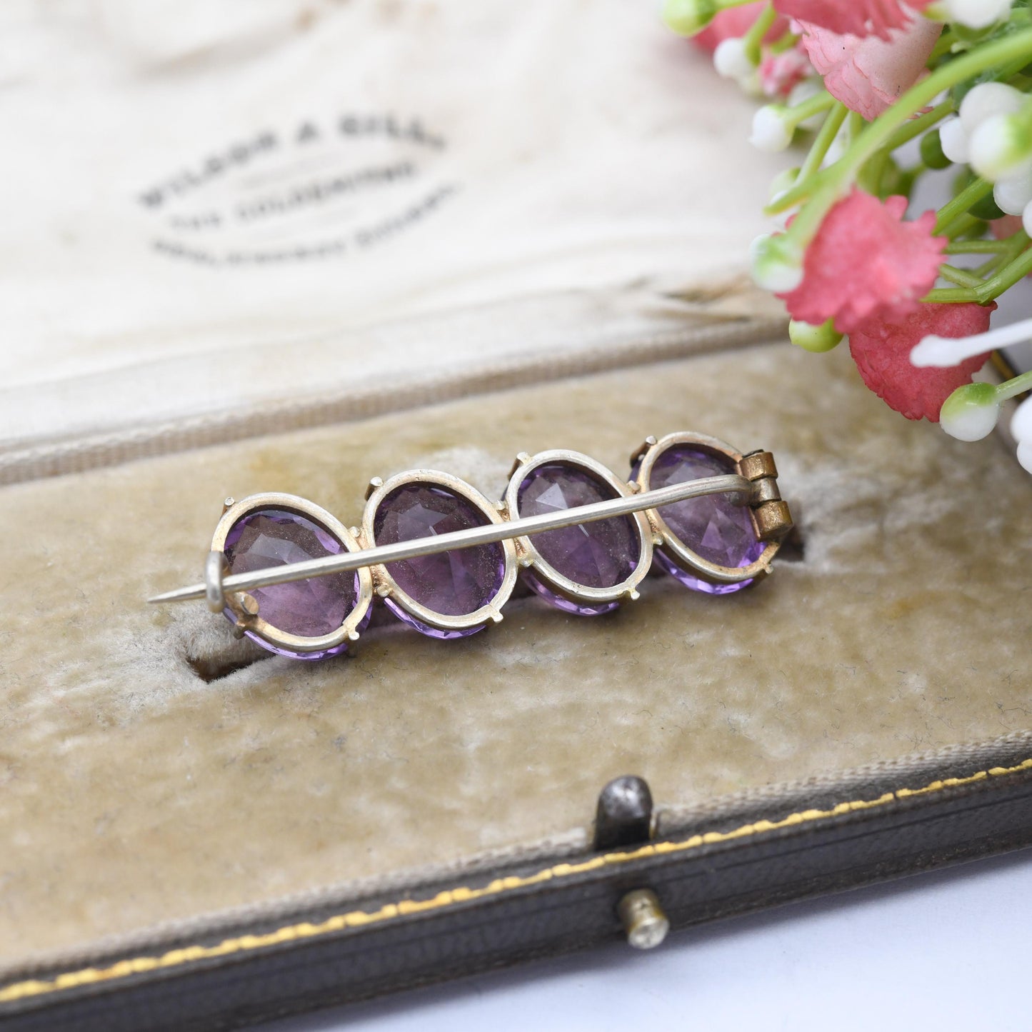 Antique Silver Gilt Amethyst Bar Brooch c. 1900 - Late Victorian Edwardian Era | Faceted Oval Purple Stone | Four Gemstone Row