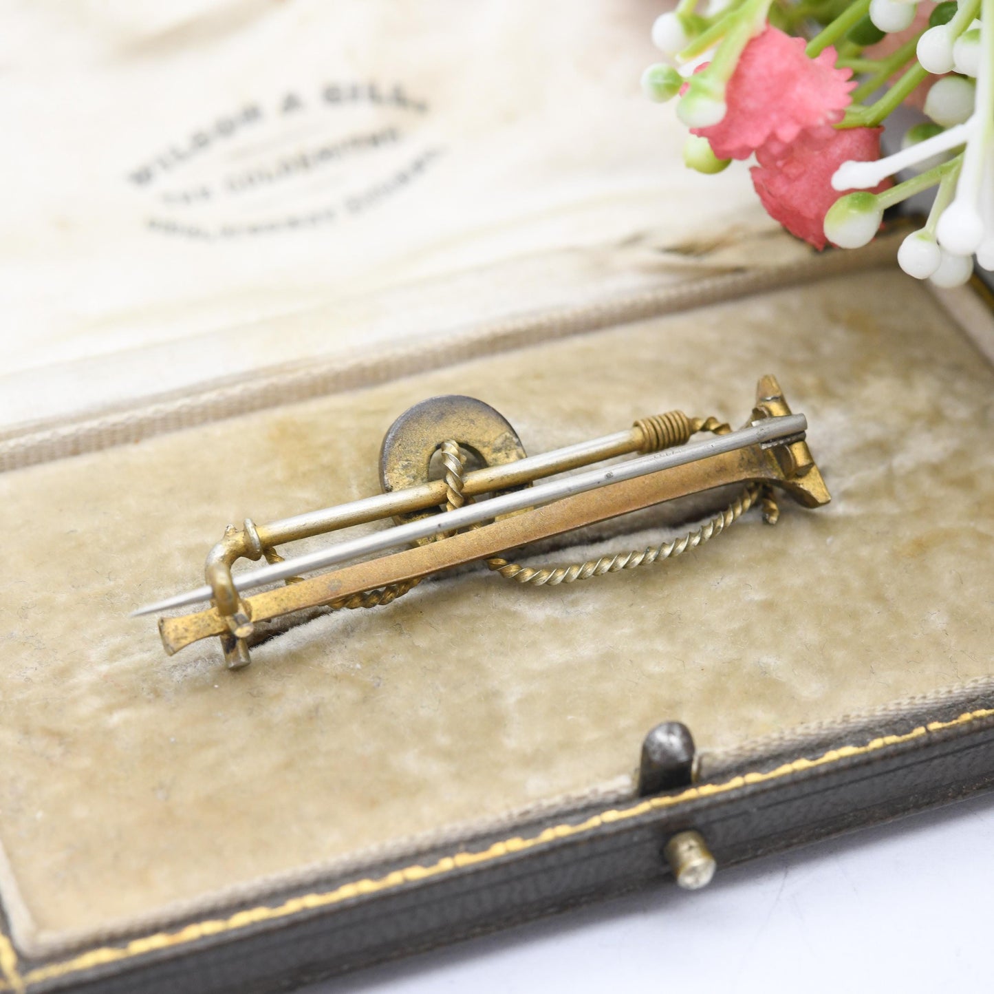 Antique Victorian Riding Theme Bar Brooch - Gilt Metal and Seed Pearl | Horseshoe Riding Crop Hunting Horn