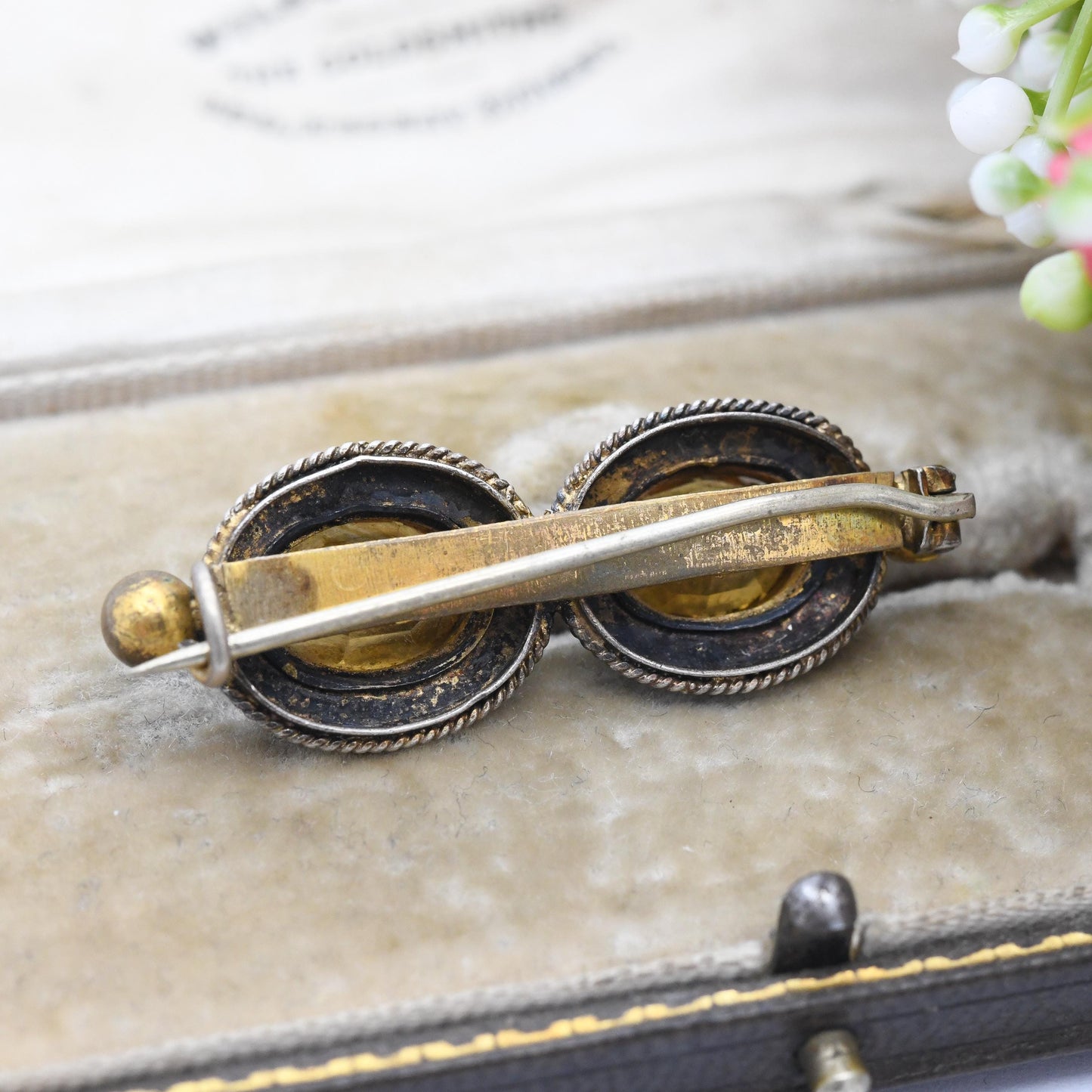 Antique Victorian Citrine Brooch Sterling Silver and Brass - Etruscan Revival Rope Twist and Ball Design