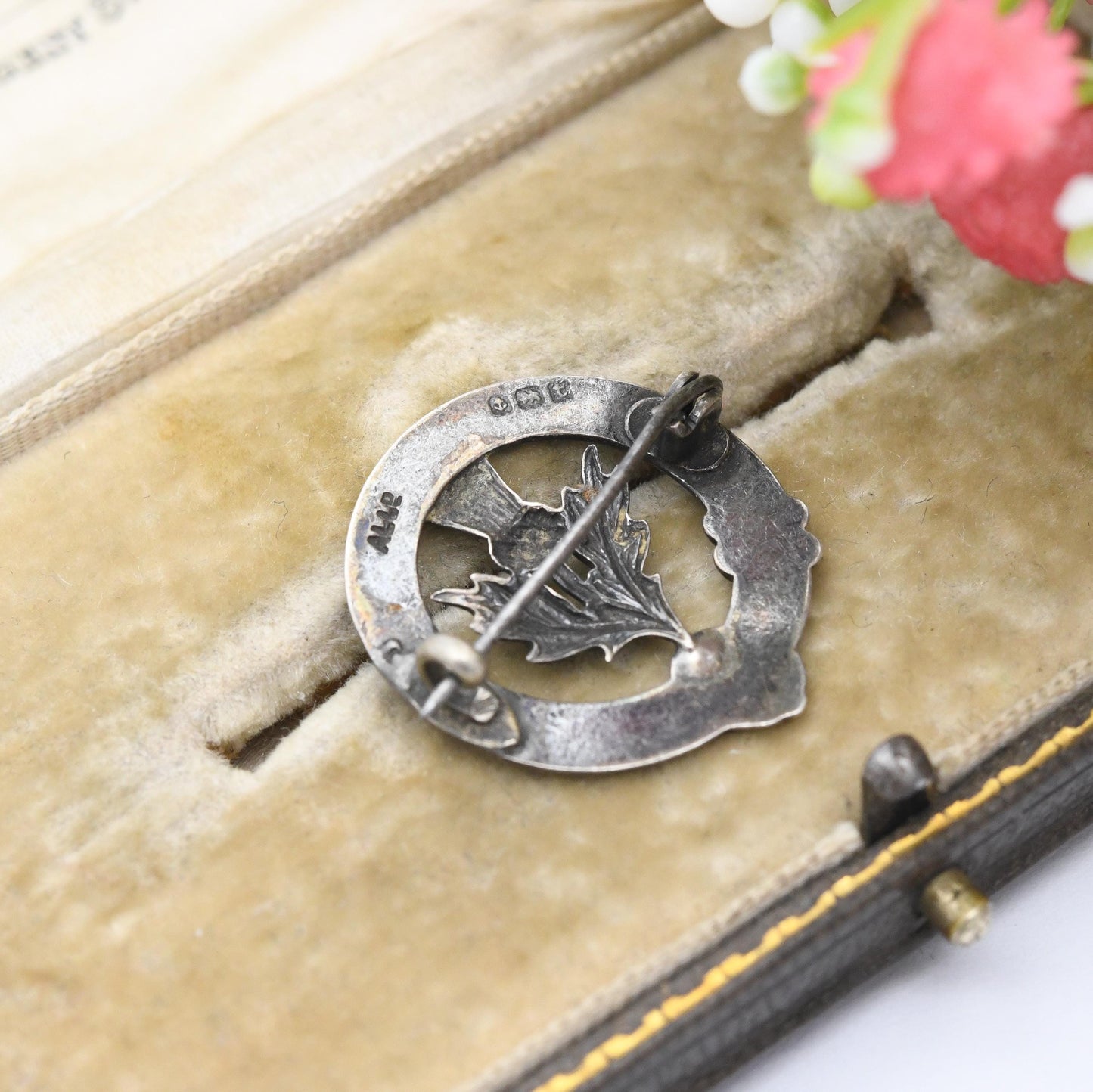 Antique Sterling Silver Enamel Blue Thistle in Buckle Brooch by Adie & Lovekin 1918 - Edwardian Scottish Jewellery