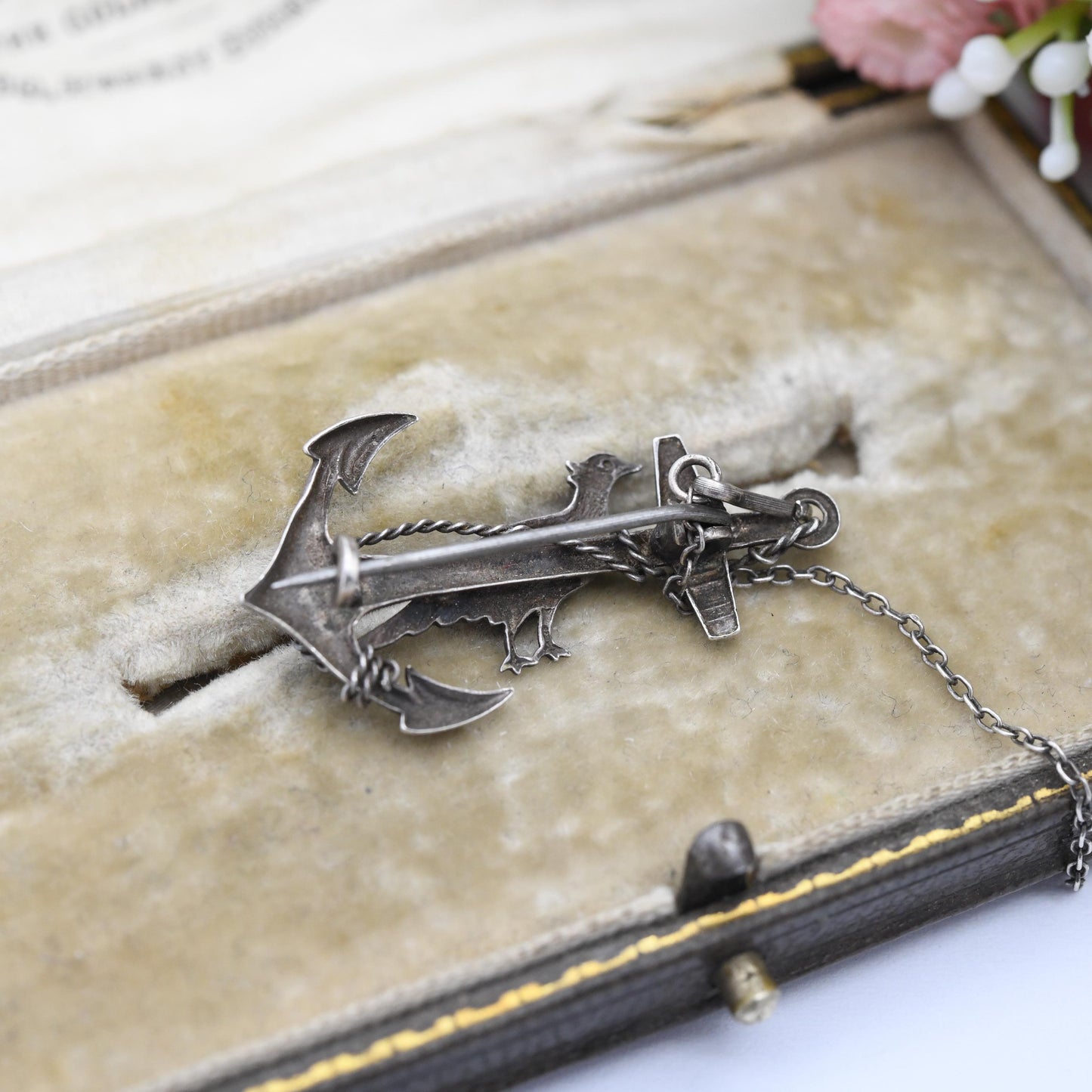 Antique Enamel Pheasant and Anchor Brooch Sterling Silver - Colourful Painted Bird with Hope's Anchor | Victorian Edwardian Era c. 1900
