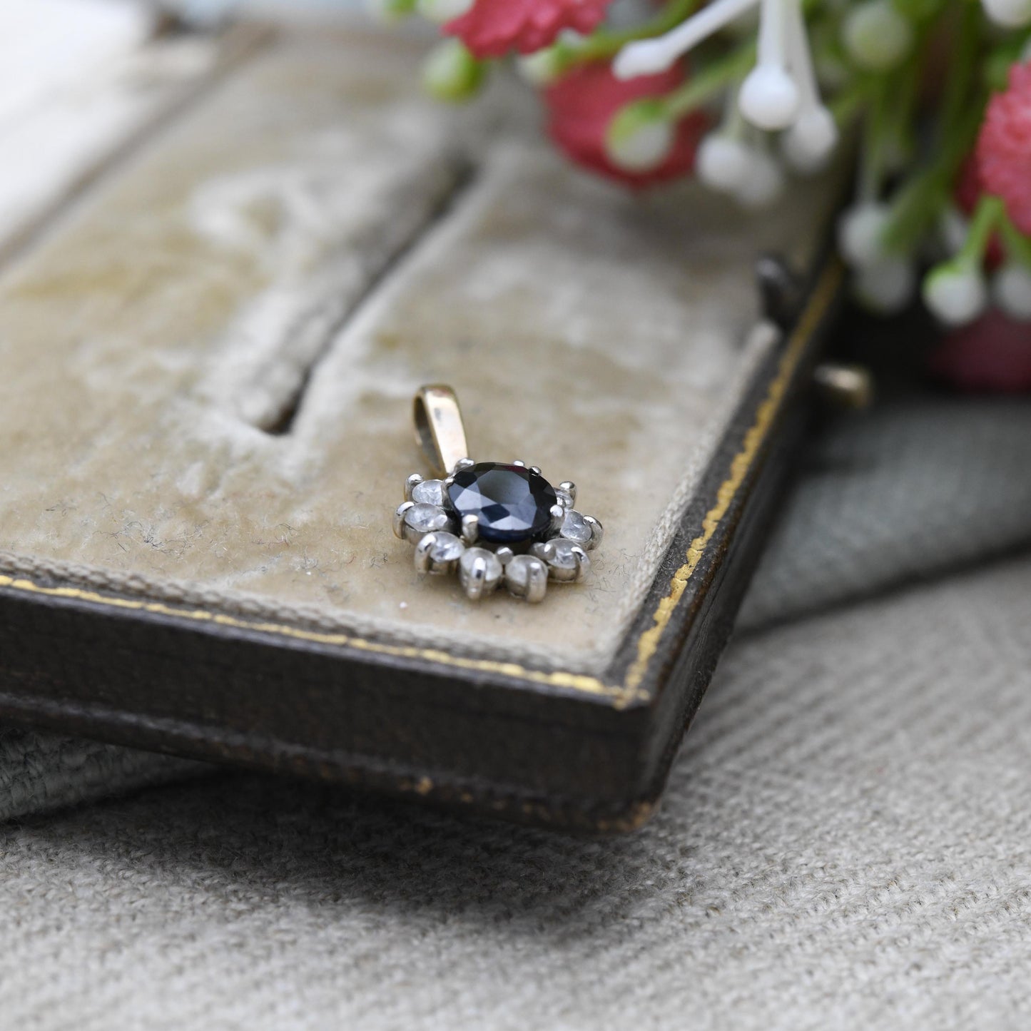 Vintage 9ct Gold Sapphire Cluster Pendant - Mid-Century Miniature Sparkly Charm | Pretty Solid Gold Gift for Her