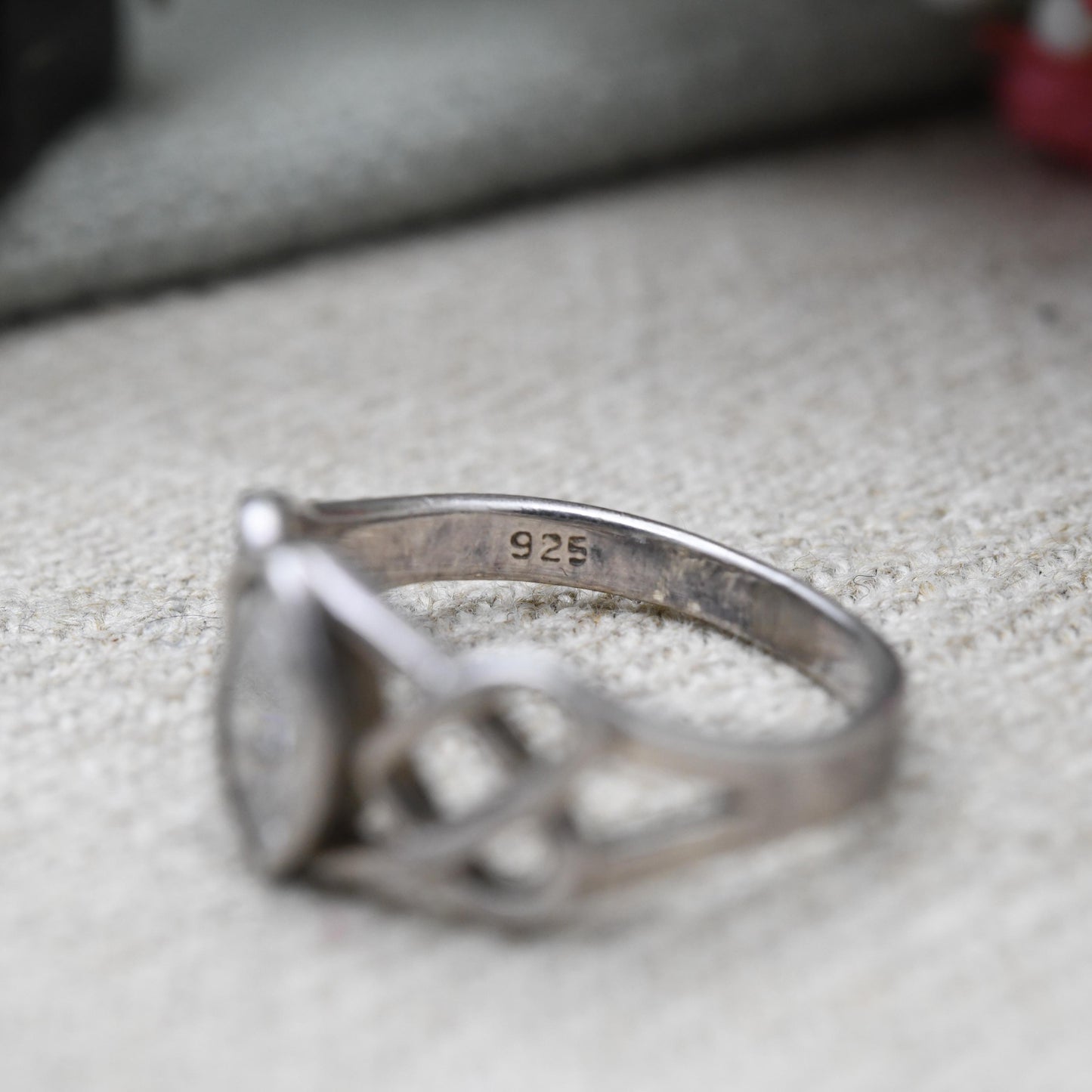 Vintage Sterling Silver Celtic Solitaire Ring - Pointed Oval White Stone | Cut Out Celtic Knot | UK Size - M 1/2 | US Size - 6 1/2