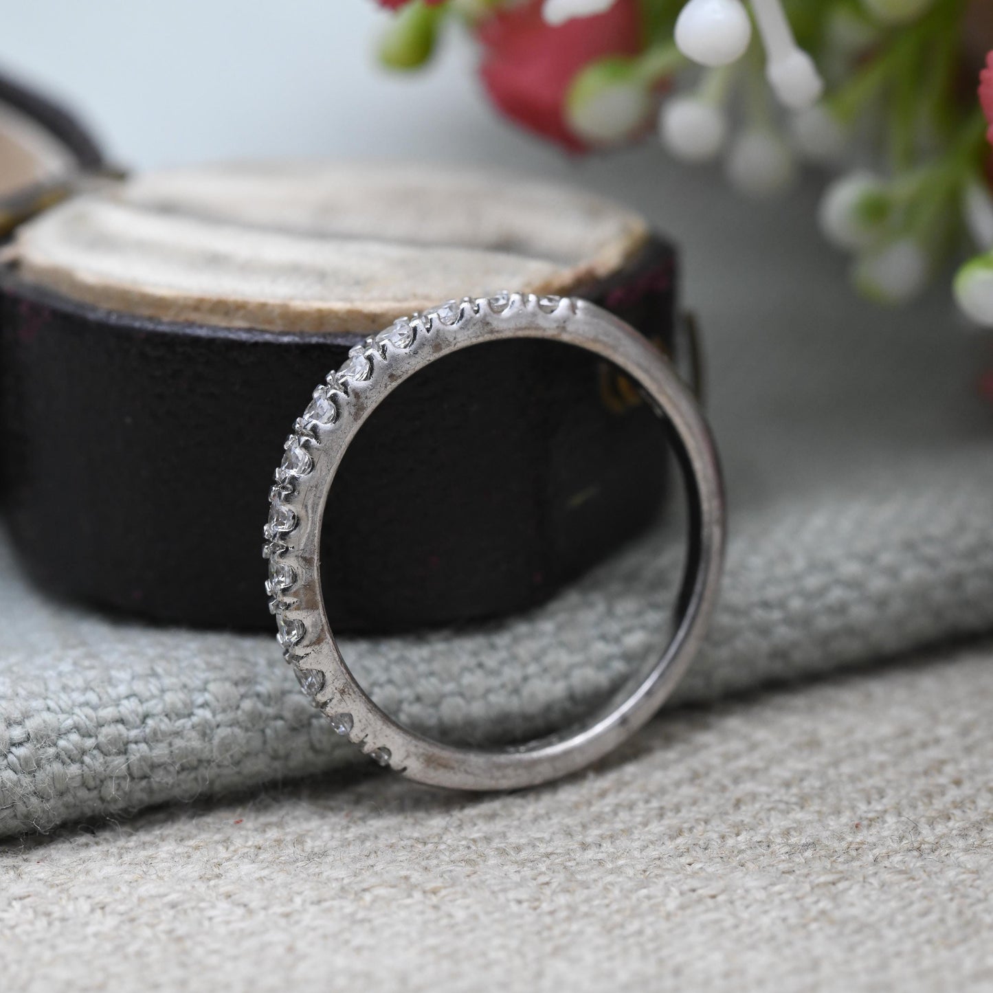 Vintage Sterling Silver DQCZ Half Eternity Ring - Clear Stone Eternity Band | UK Size - O | US Size - 7 1/4
