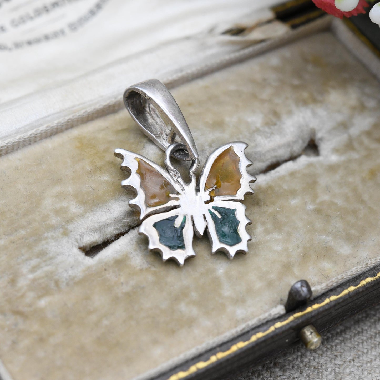 Vintage Sterling Silver Butterfly Pendant with Plique a Jour Wings - Yellow and Green Stained Glass | Pendant Charm Necklace Stack
