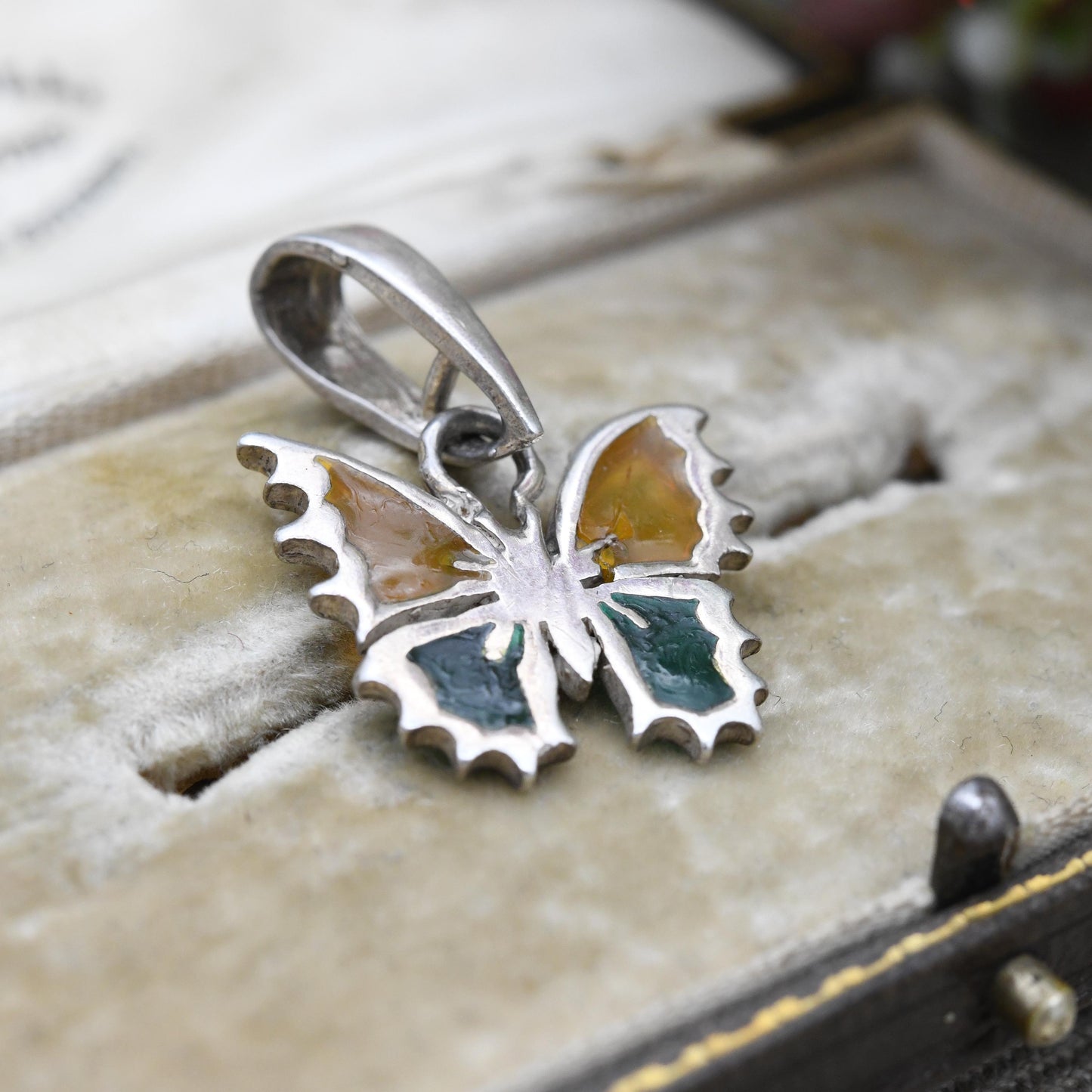 Vintage Sterling Silver Butterfly Pendant with Plique a Jour Wings - Yellow and Green Stained Glass | Pendant Charm Necklace Stack