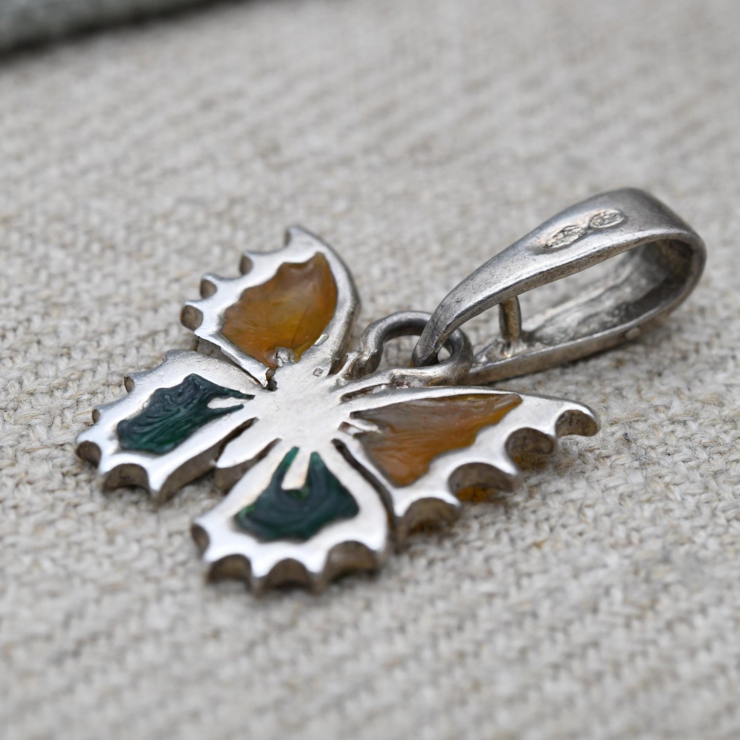 Vintage Sterling Silver Butterfly Pendant with Plique a Jour Wings - Yellow and Green Stained Glass | Pendant Charm Necklace Stack