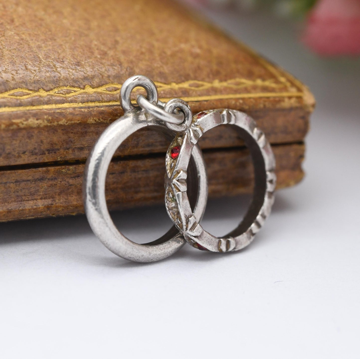 Vintage Sterling Silver Mini Wedding Ring Set Charm Pendant - Eternity Band and Wedding Band | Red Stone | Gift for Charm Bracelet