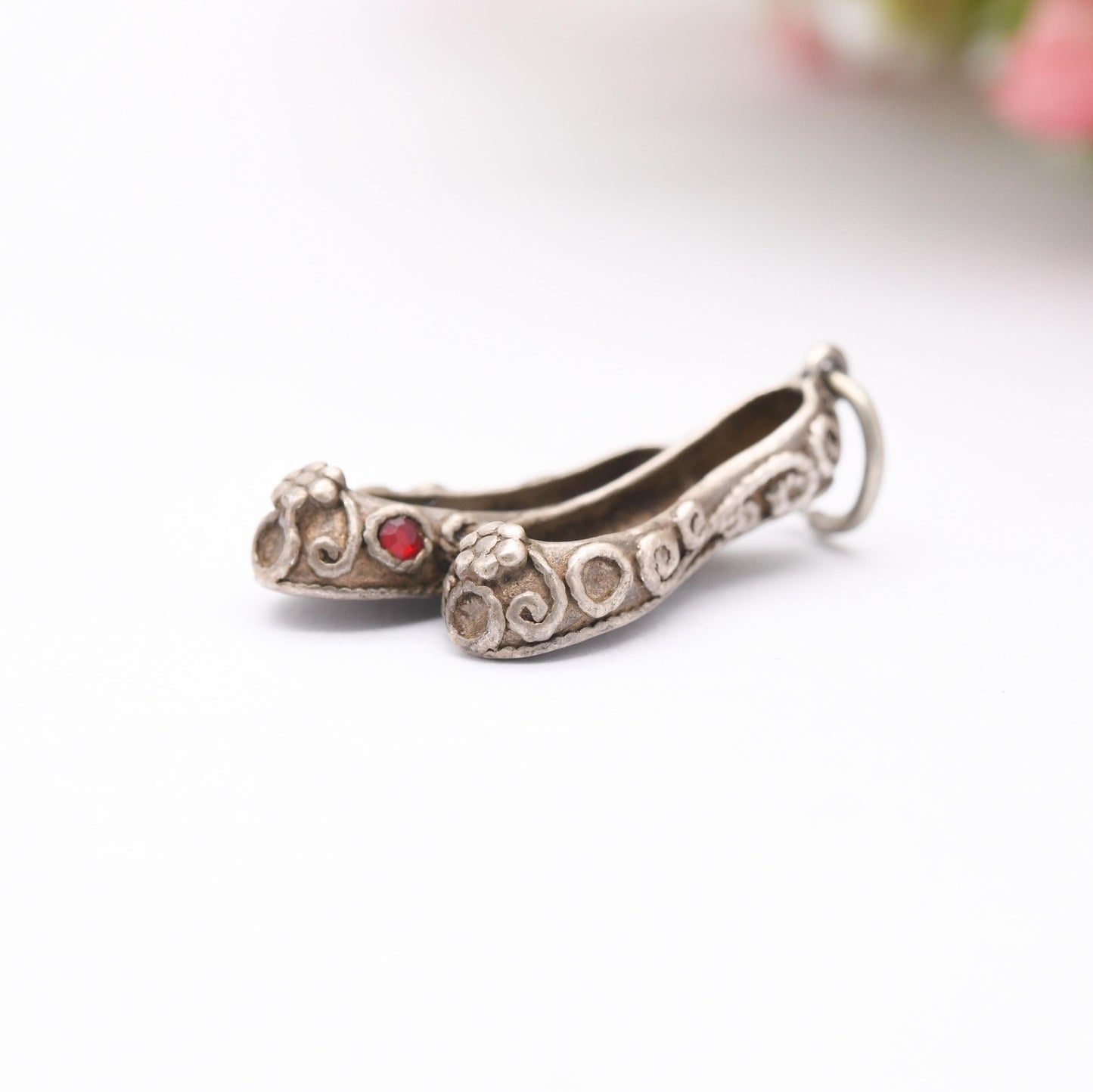 Vintage Sterling Silver and Red Stone Slippers Shoes Charm Pendant - Woman's Shoes | Shoe | Slipper | Gift for Charm Bracelet