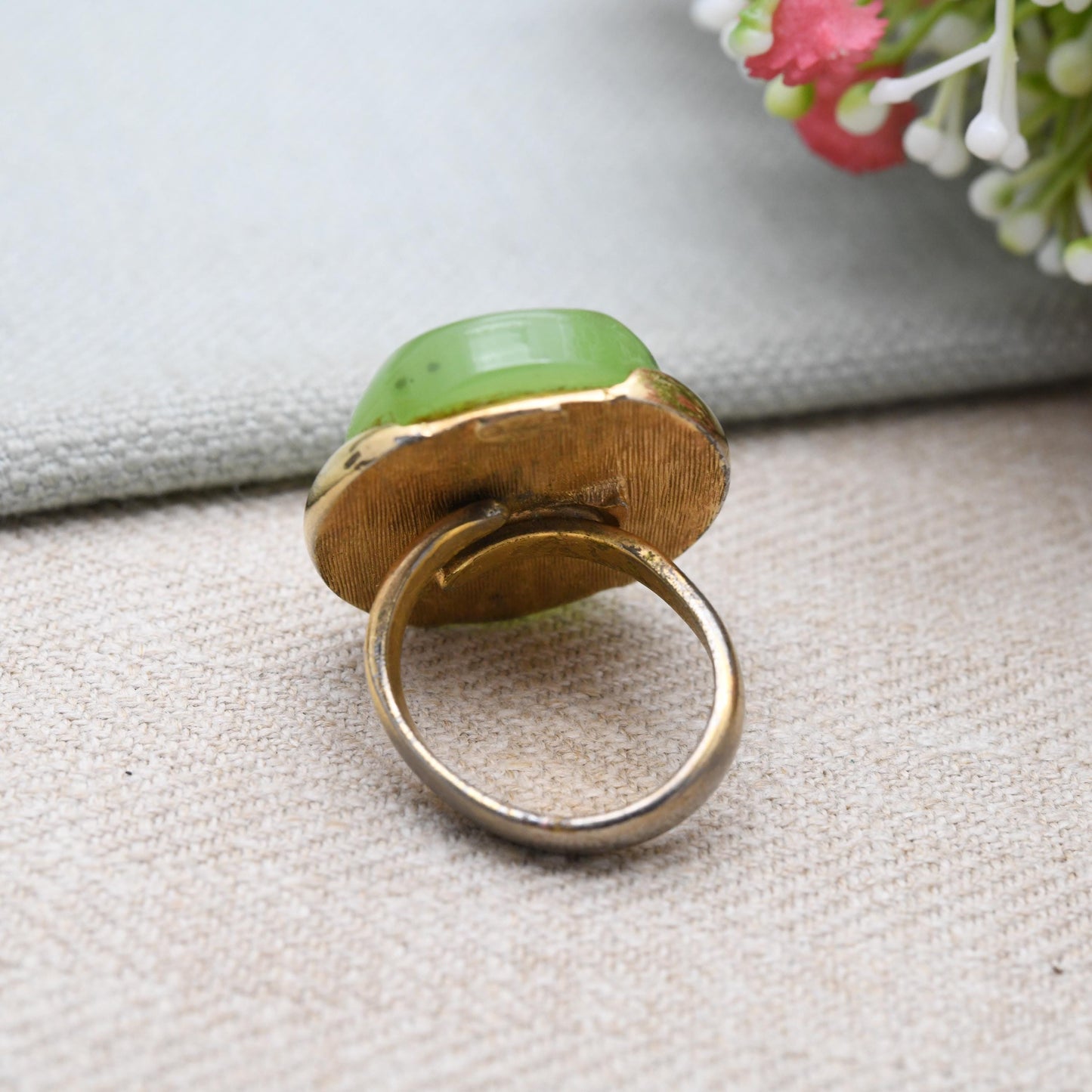 Vintage Grossé Ring 1972 German Designer Signed Jewellery - Imitation Jade Green Stone Ring Mid-Century | Adjustable Size UK Q | US 8 1/2