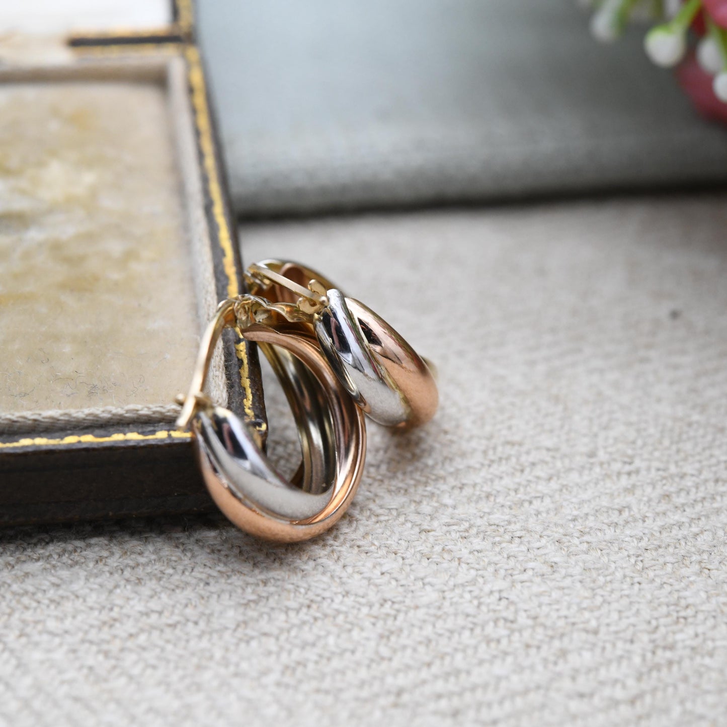 9ct Gold Tri Colour Hoop Earrings - Woven Hoops | Hollow Solid Yellow Gold | Twisted Design | Yellow White Rose Gold