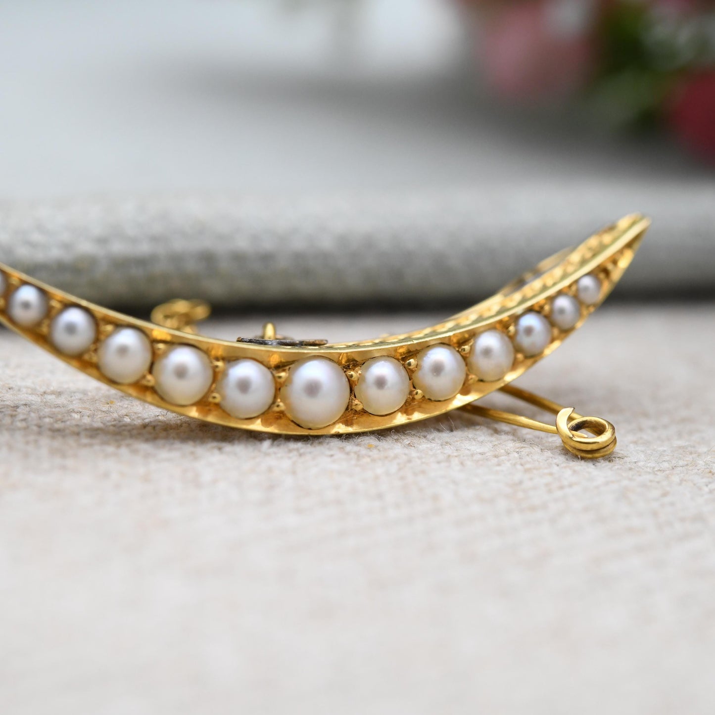 Antique Victorian Gold and Pearl Crescent Moon Brooch - c. 1800s Celestial Jewellery | High Carat Yellow Gold