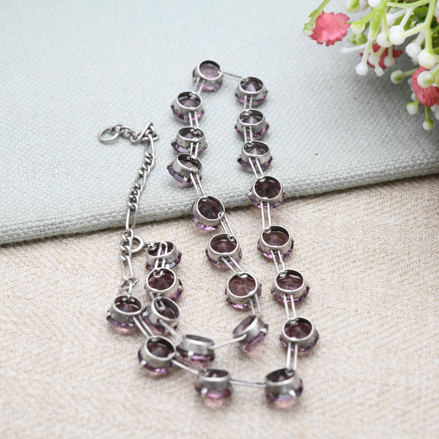 Art Deco Amethyst Paste Sterling Silver Rivière Necklace by W. H. Collins & Co. 1929 Patent Number 311897 - Choker Length 13" - 16"