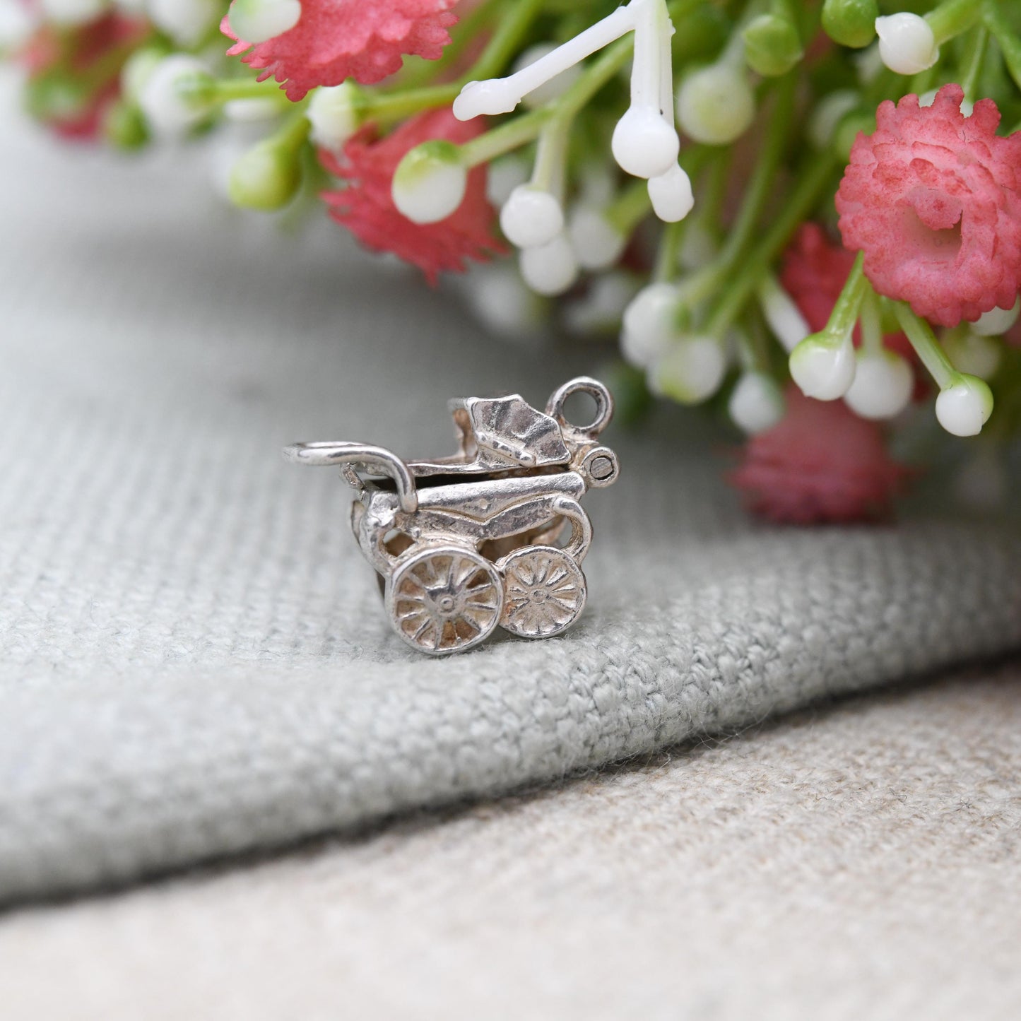 Vintage Nuvo Sterling Silver Pram Charm Opening to Reveal a Baby - Antique Style Pushchair Pendant | Gift for Charm Bracelet Necklace Stack