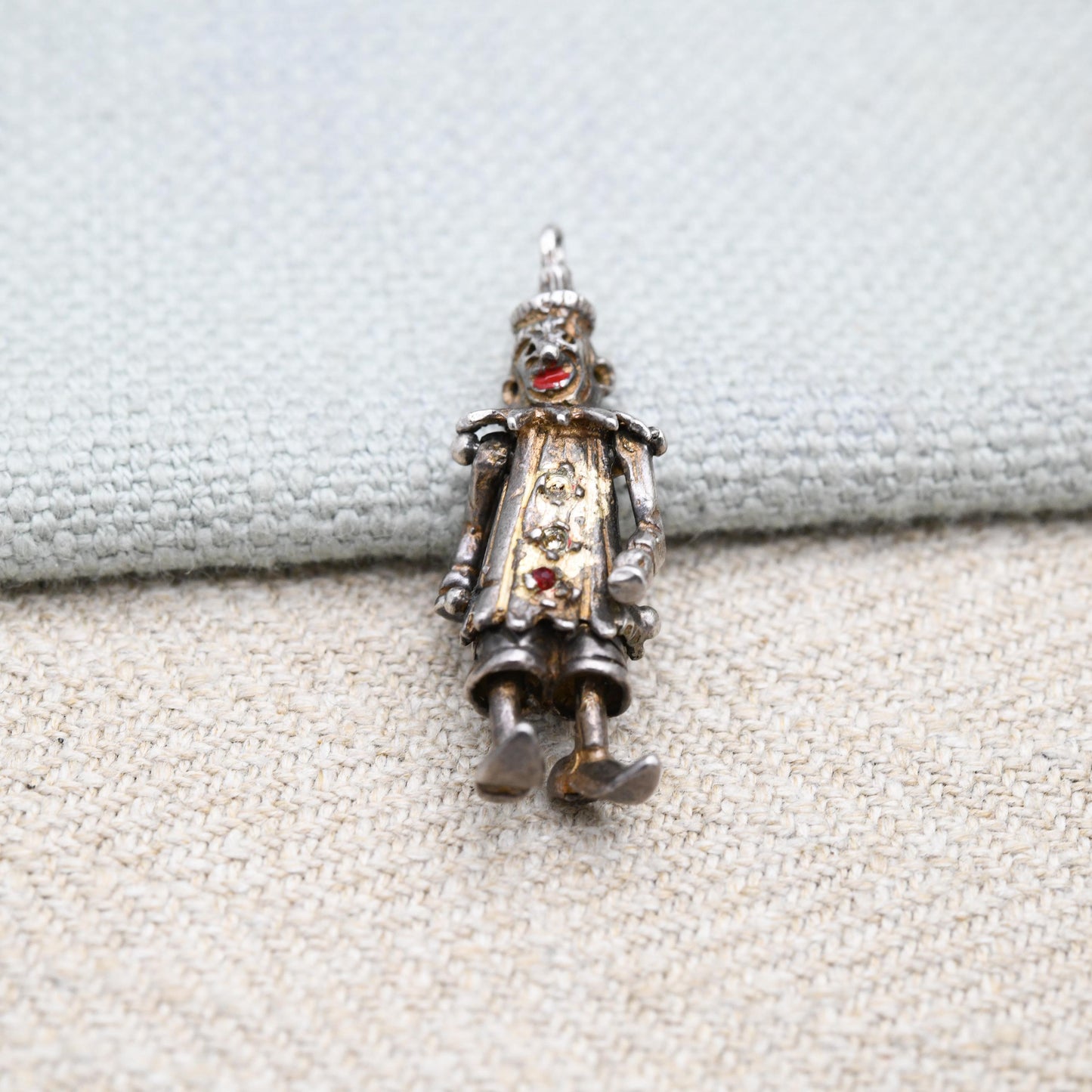 Vintage Sterling Silver Articulated Clown Pendant with Gem Buttons - Colourful Man Fun Clown Moving Arms and Legs | Unusual Silver Jewellery