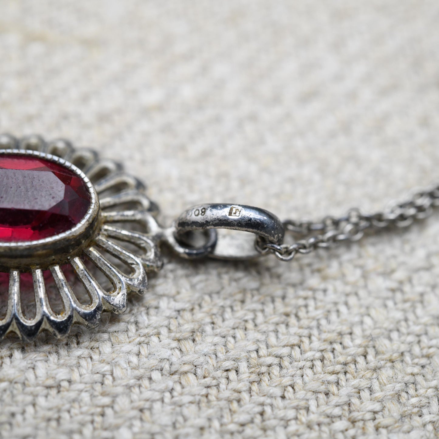 Vintage European Silver Red Stone Necklace and Pendant - Mid-Century | Floral | Milgrain Bezel Setting | Gift for Her | Gift for Him