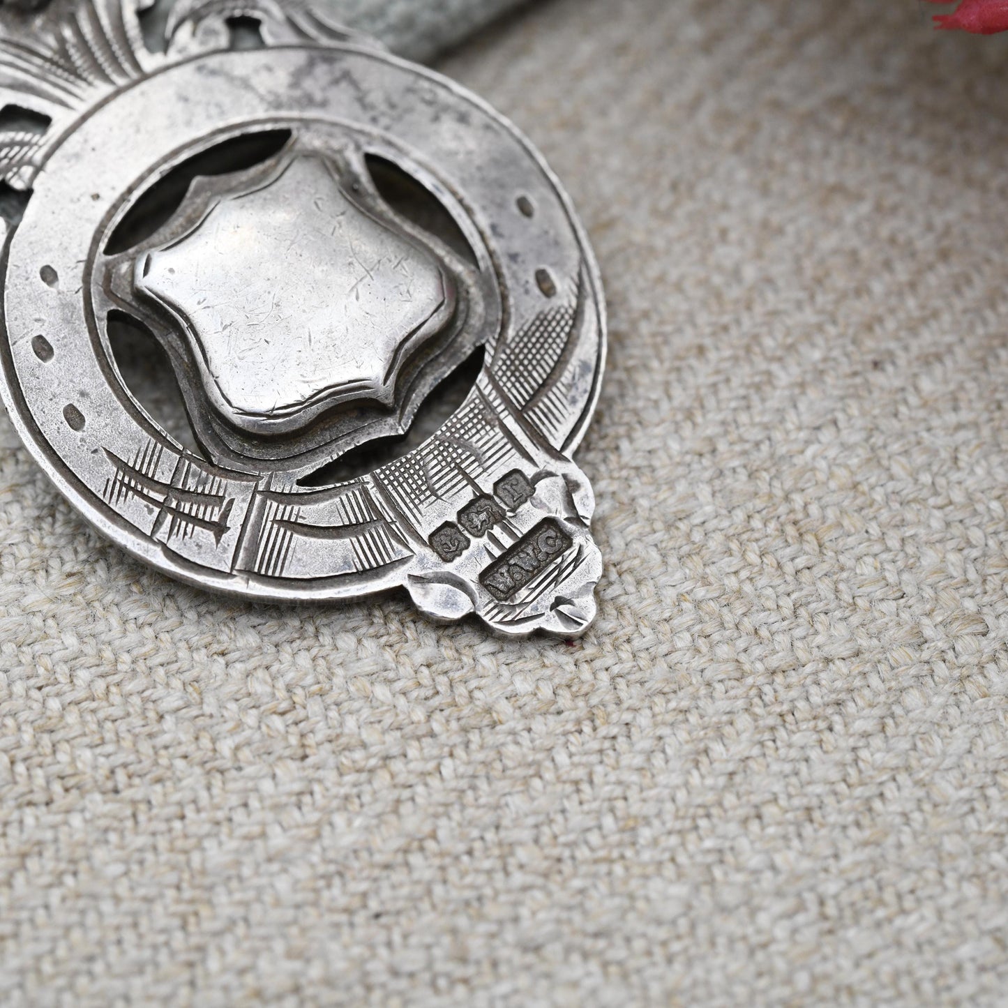 Antique Sterling Silver Watch Fob Pendant Shield Buckle 1916 - with Blank Space for Engraving | Engraved Scrolling and Floral Pattern Border