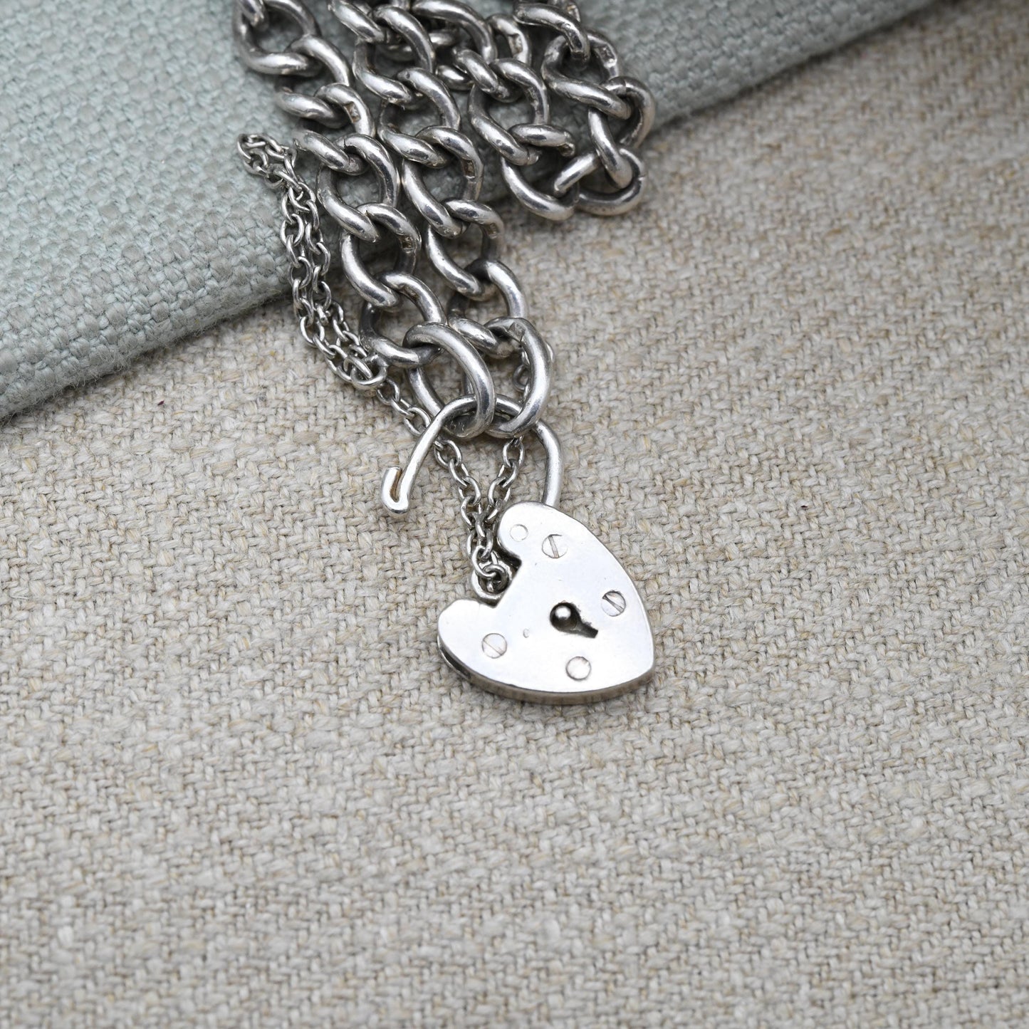 Vintage Sterling Silver Heart Padlock Clasp Chain Bracelet - Chunky Curb Links with Safety Chain | UK Hallmarks