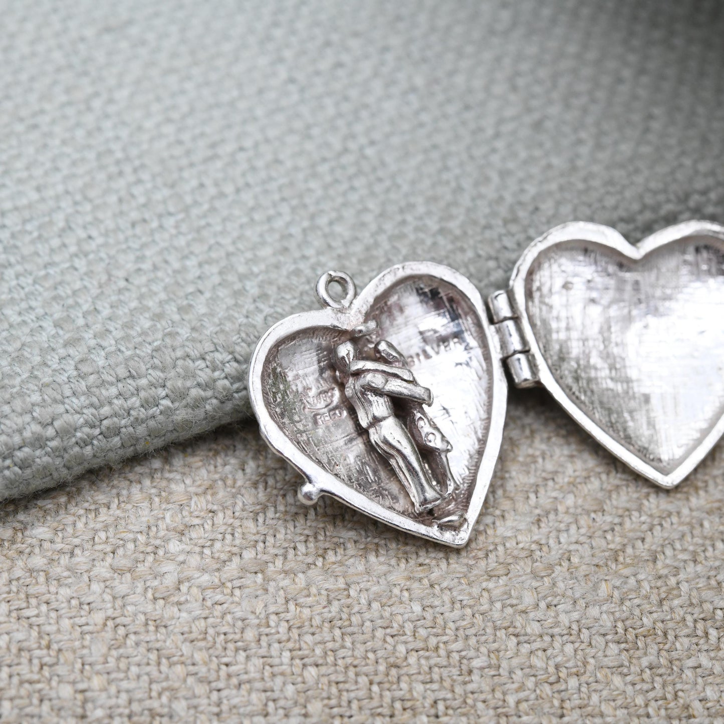 Vintage Nuvo Sterling Silver Heart Opening Locket Pendant with Loving Couple Figures Inside - Gift for Her | Charm Necklace Stack