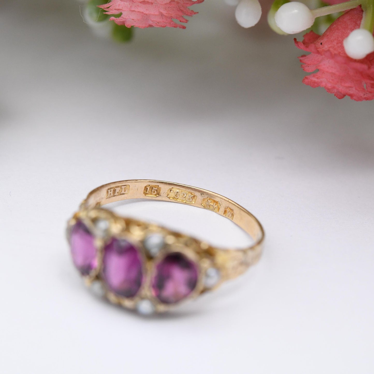 Antique Victorian 15ct Gold Rhodolite Garnet Three Stone Ring with Seed Pearls 1871 - Purple Stone Trilogy Ring | UK Size - N | US Size - 7