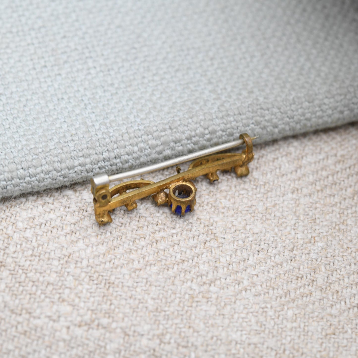 Antique Edwardian Paste Bar Brooch Blue and Clear Stones with Pendant Drop Loop