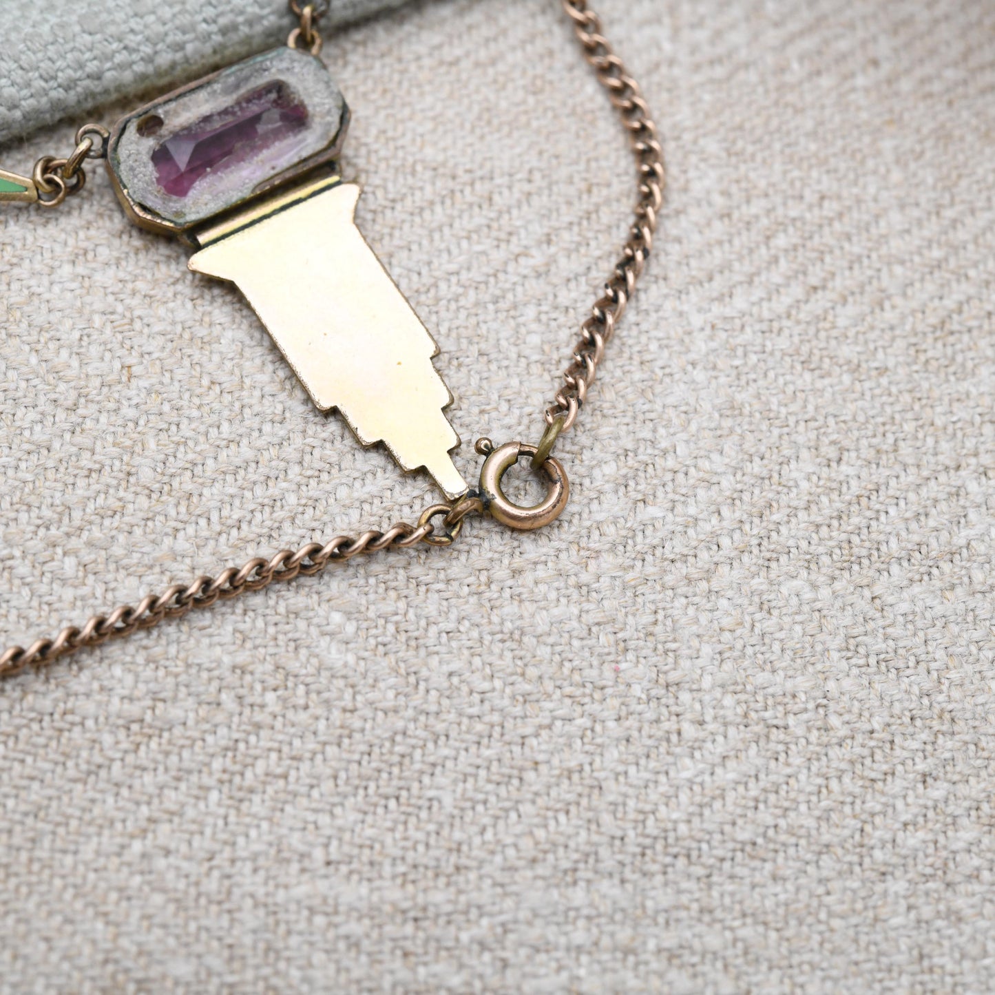 Antique Art Deco Rolled Gold Necklace with Green Enamel Panels and Purple Paste c. 1920s