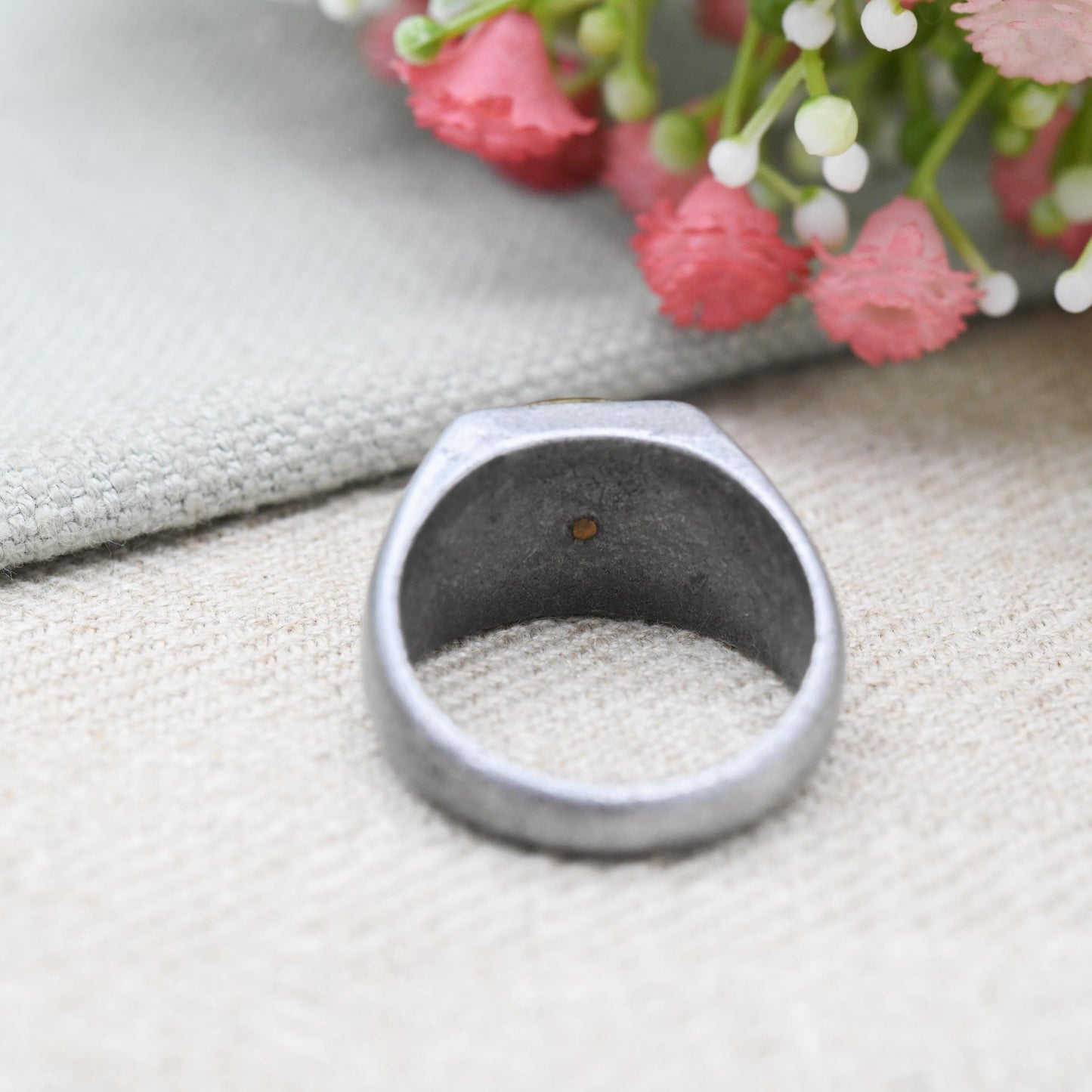 Antique WWI German Trench Art Signet Ring Aluminium Band with Brass Prussian Crown Button c. 1910s - UK Size X US Size 11 3/4
