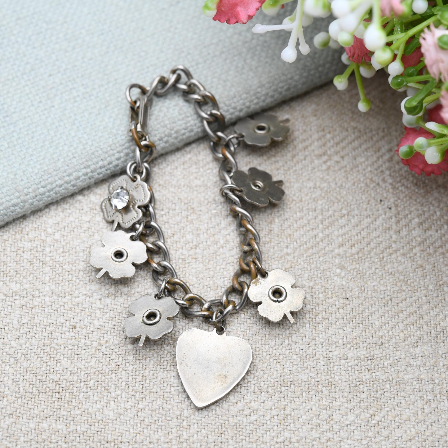 Vintage Lord's Prayer Heart and Four Leaf Clover Child Charm Bracelet c. 1950s - True Vintage Good Luck Jewellery