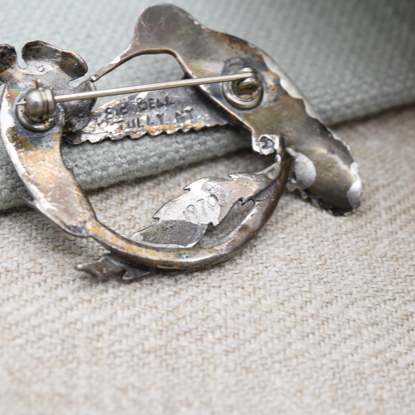 Vintage Pewter Hummingbird and Flower Brooch by Sid Bell Tully NY 1970 - Signed Alaskan Silversmith