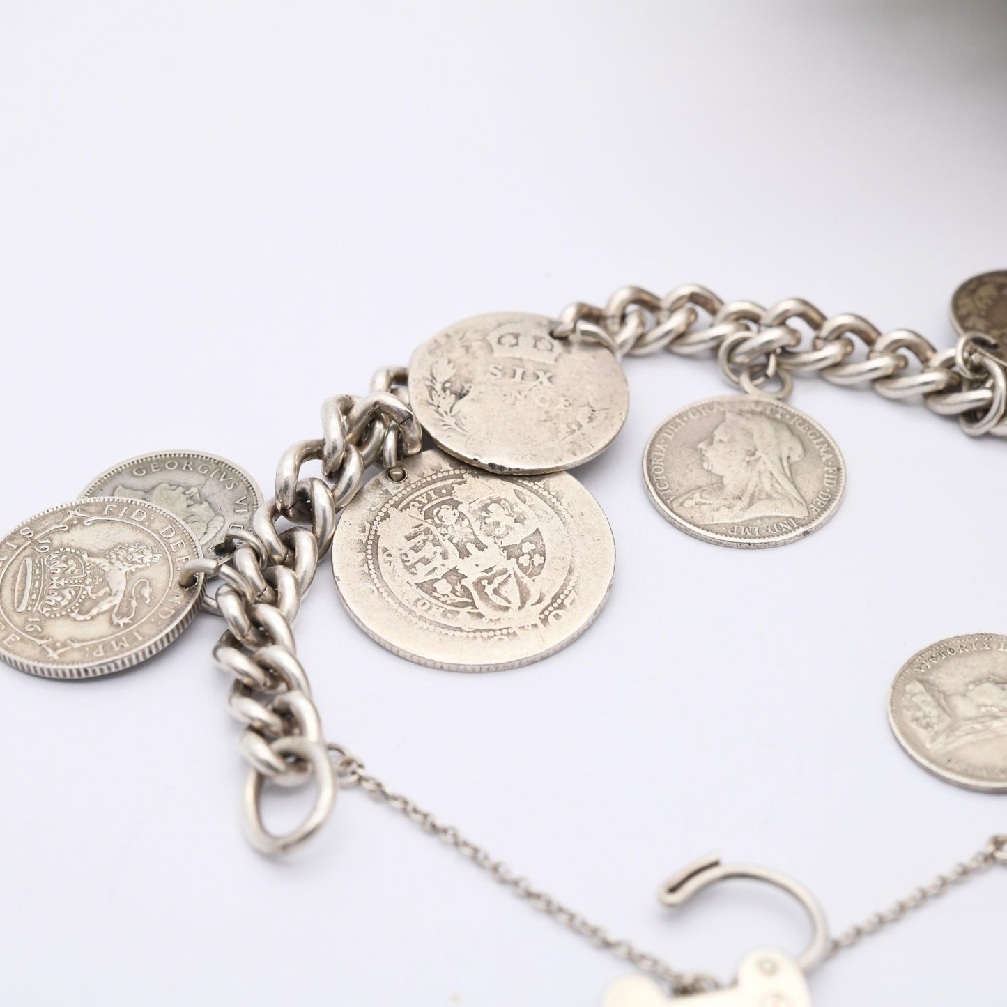 Vintage Silver Coin Charm Bracelet 1961 with Antique Silver Coins - Curb Link | Antique British Coins 1891 Victorian | 8 Coin Collection