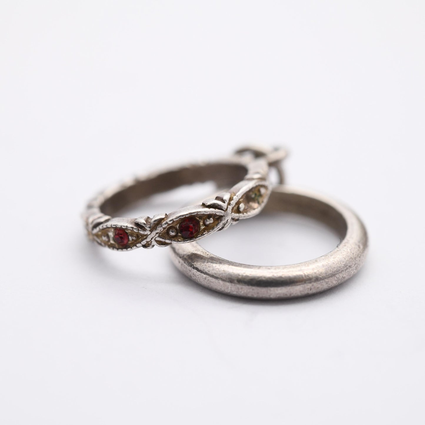 Vintage Sterling Silver Mini Wedding Ring Set Charm Pendant - Eternity Band and Wedding Band | Red Stone | Gift for Charm Bracelet