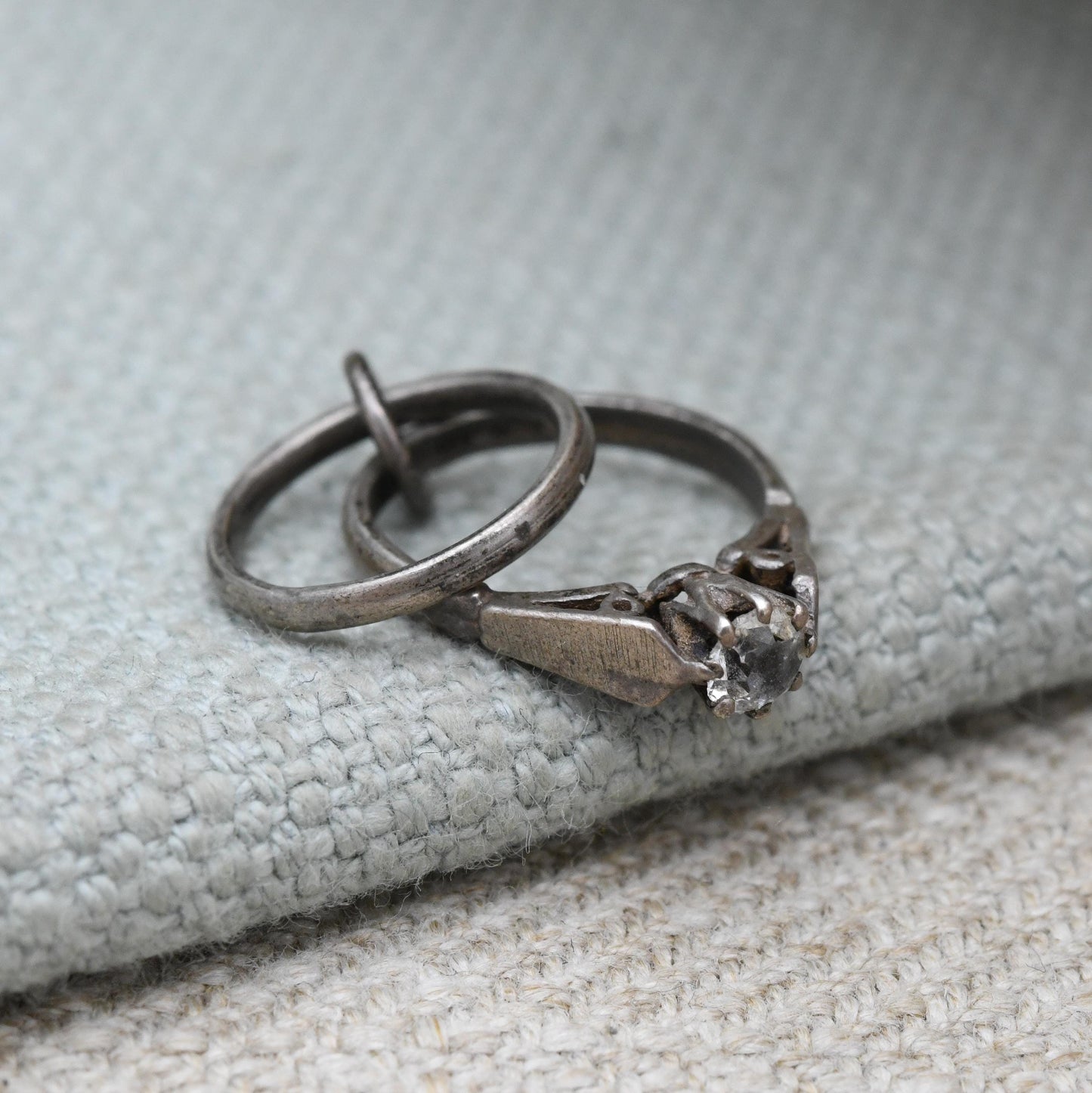 Vintage Sterling Silver Mini Wedding Ring Set Charm Pendant - Engagement Ring with Wedding Band | Gift for Charm Bracelet