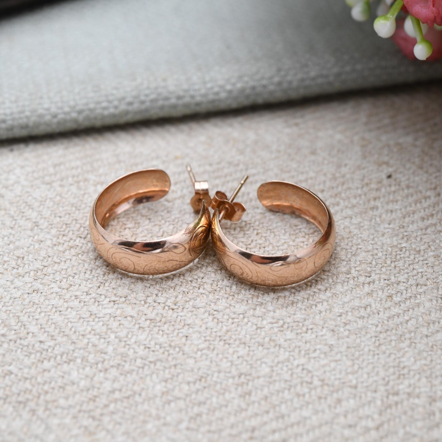 Vintage 9ct Rose Gold Hoop Stud Earrings Mid-Century - Circle Shape Big Stud | Solid Gold Jewellery Gift for Her | with Butterfly Backs