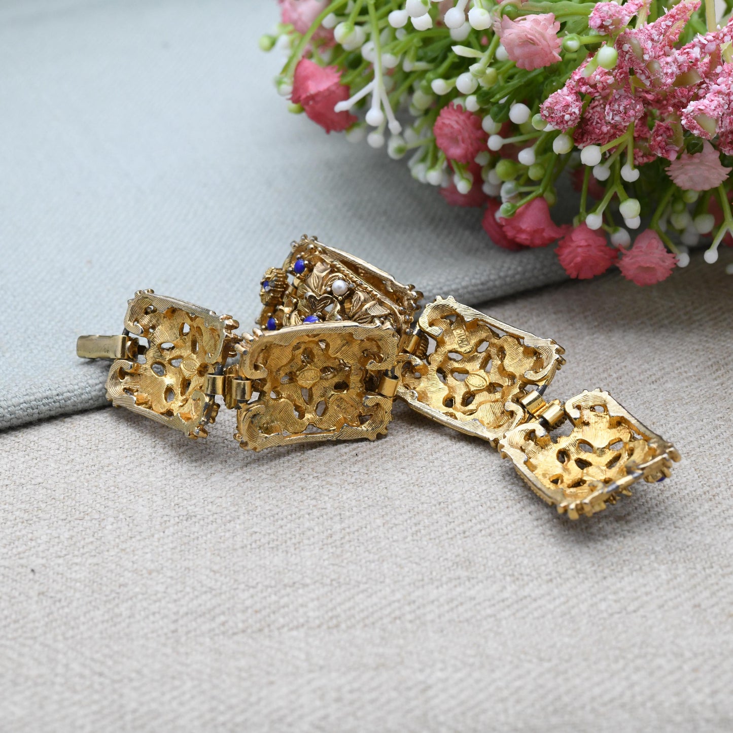 Vintage Sphinx Panel Bracelet with Imitation Pearls and Lapis Lazuli - Mid-Century Designer Signed Jewellery Ornate Gold Tone Antique Style