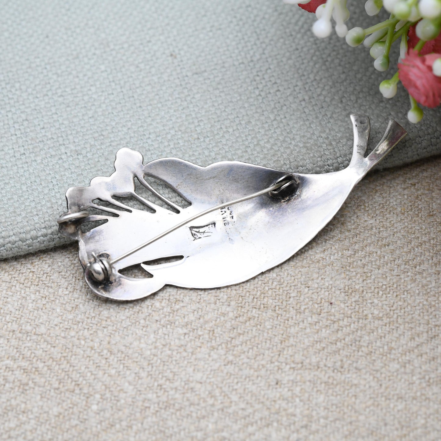 Vintage Sterling Silver Leaf Brooch 1950's - Mekkala Goddess of Lightning | Siam Black Niello | Goddess | Vintage Thailand Silver