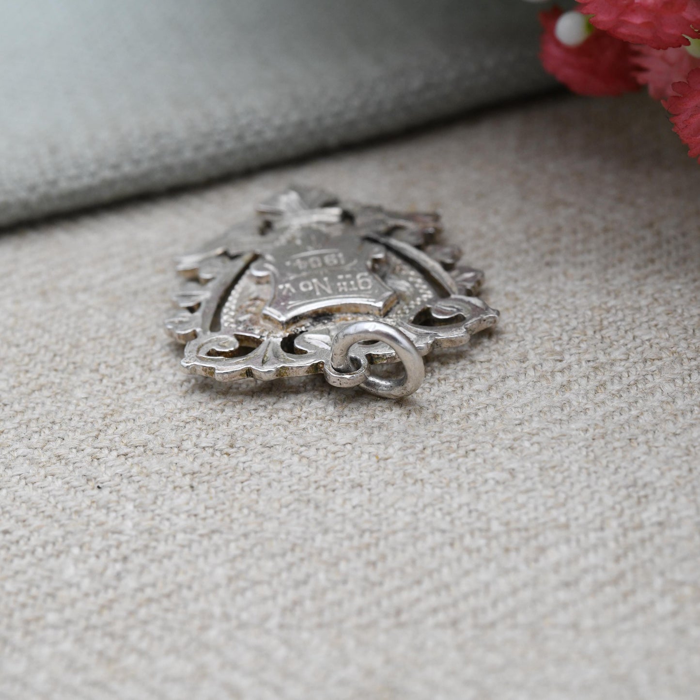 Antique Sterling Silver Watch Fob Pendant 1903 - Beautiful Openwork and engraved Shield | Initials FA | Birmingham Hallmarks