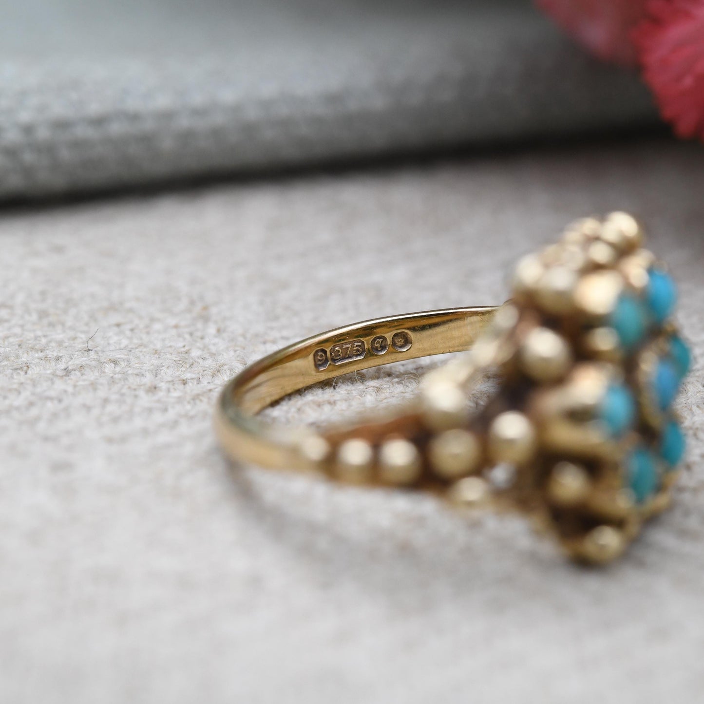 Vintage 9ct Gold Turquoise Cluster Ring 1971 with Granulated Beads - Victorian Style | UK Size - K | US Size - 5 1/2