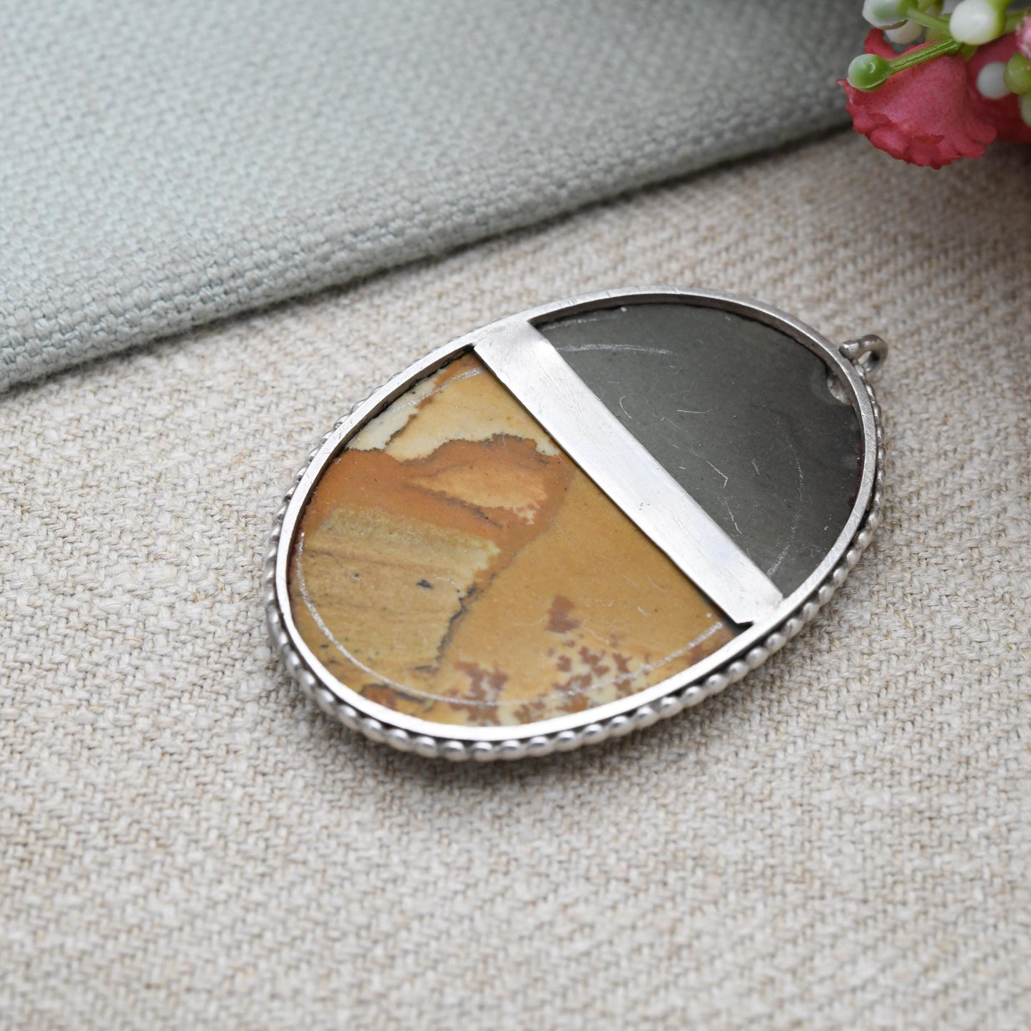 Vintage Owyhee Picture Jasper Pendant in Silver Mount - Large Oval Desert Scene Gemstone