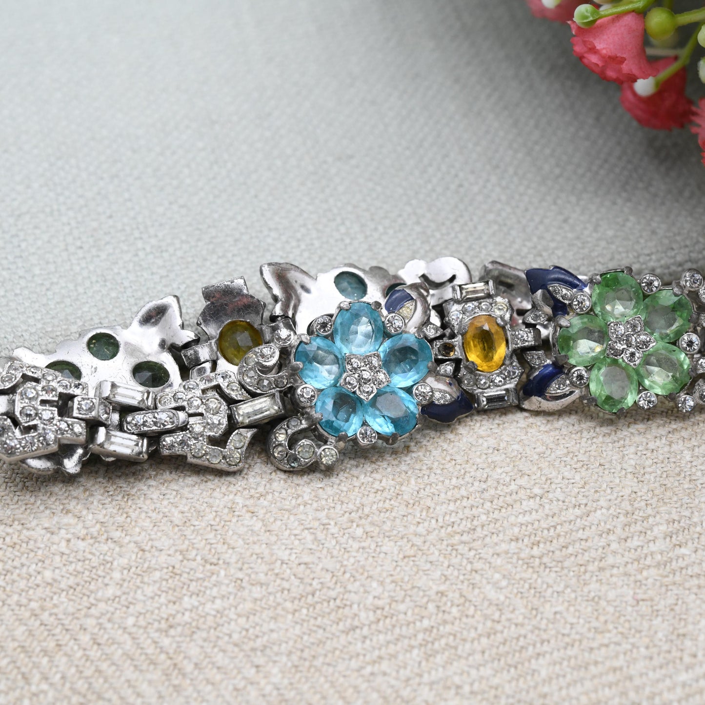 Art Deco Trifari Bracelet by Alfred Philippe 1939 with Pastel Colour Faceted Stones Flower Panels - Collectable Designer Costume Jewellery