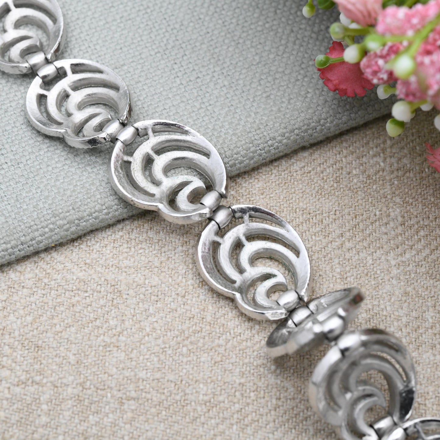 Vintage Crown Trifari Bracelet - Silver Tone Swirl Panel Bracelet | Collectable Designer Costume Jewellery c. 1980s
