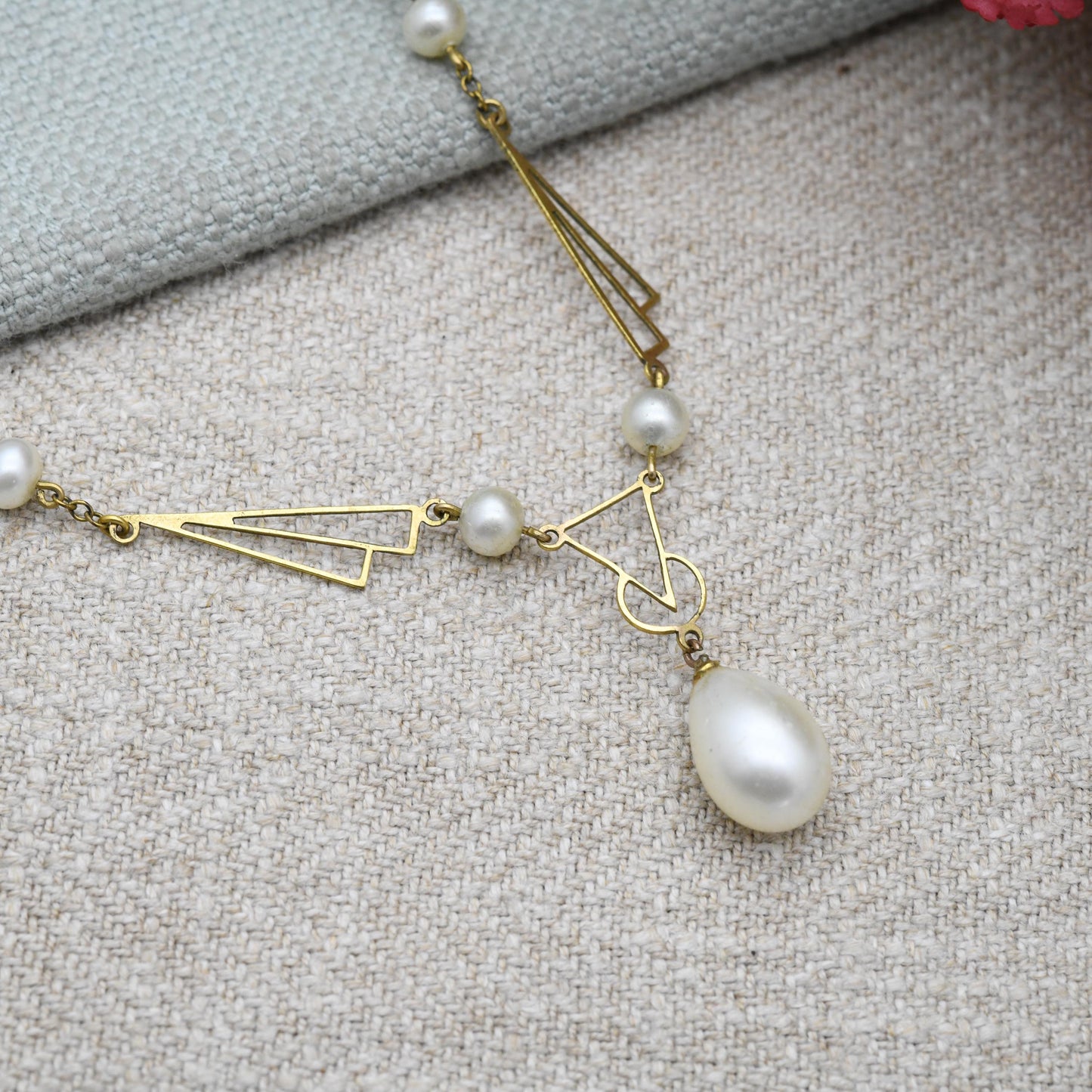 Vintage Art Deco Rolled Gold Necklace with Faux Pearl Integral Drop Pendant c. 1930s - Openwork Geometric Design