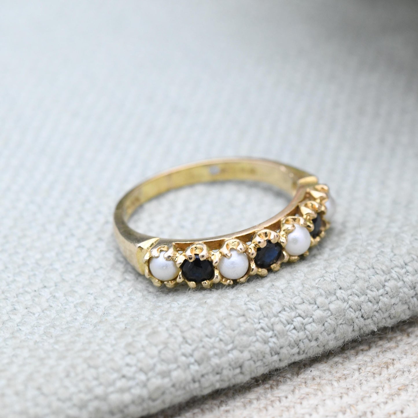 Vintage 9ct Gold Sapphire and Pearl Half Eternity Ring 1975 - Seven Stone Gemstone Half Hoop | UK Size - L 1/2 | US Size - 6 1/4