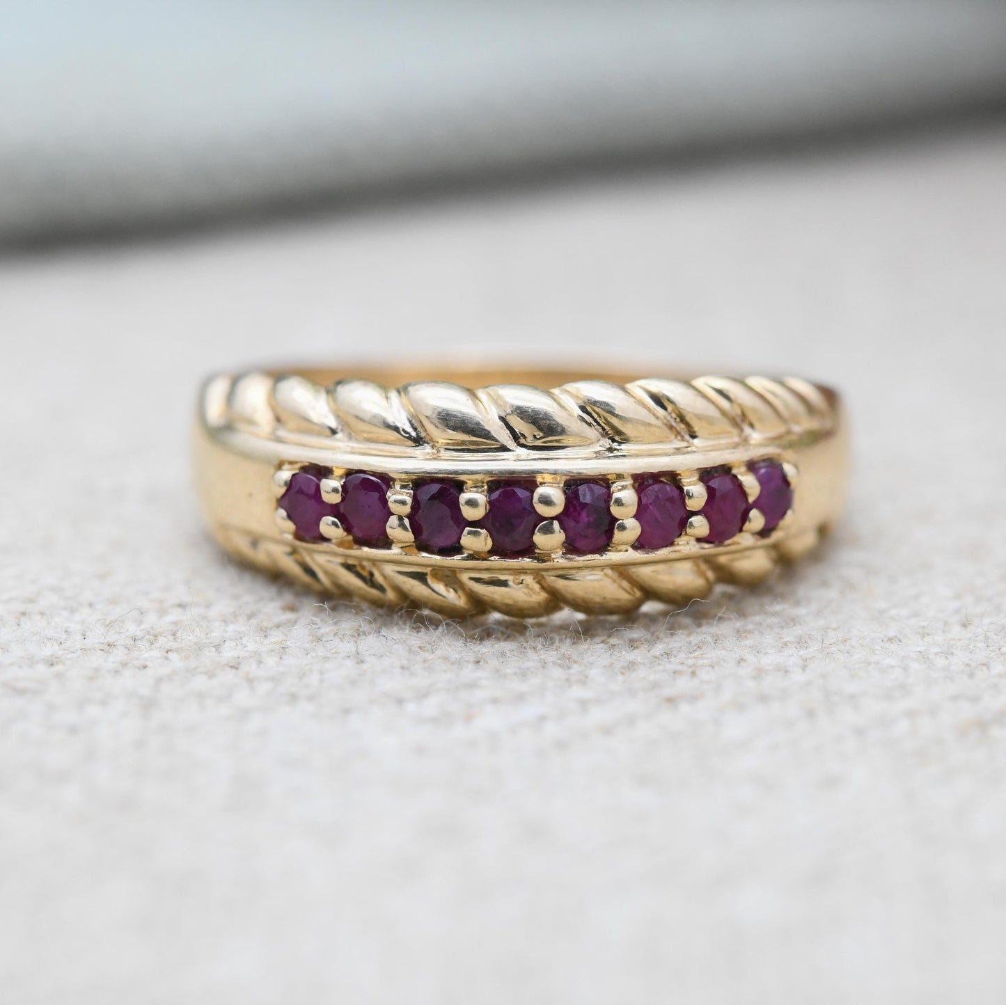 Vintage 9ct Gold Ruby Half Eternity Ring 1990's - Beautiful Flush Set Channel Ruby Ring | Rope Twist Design | UK Size - R | US Size - 8 3/4