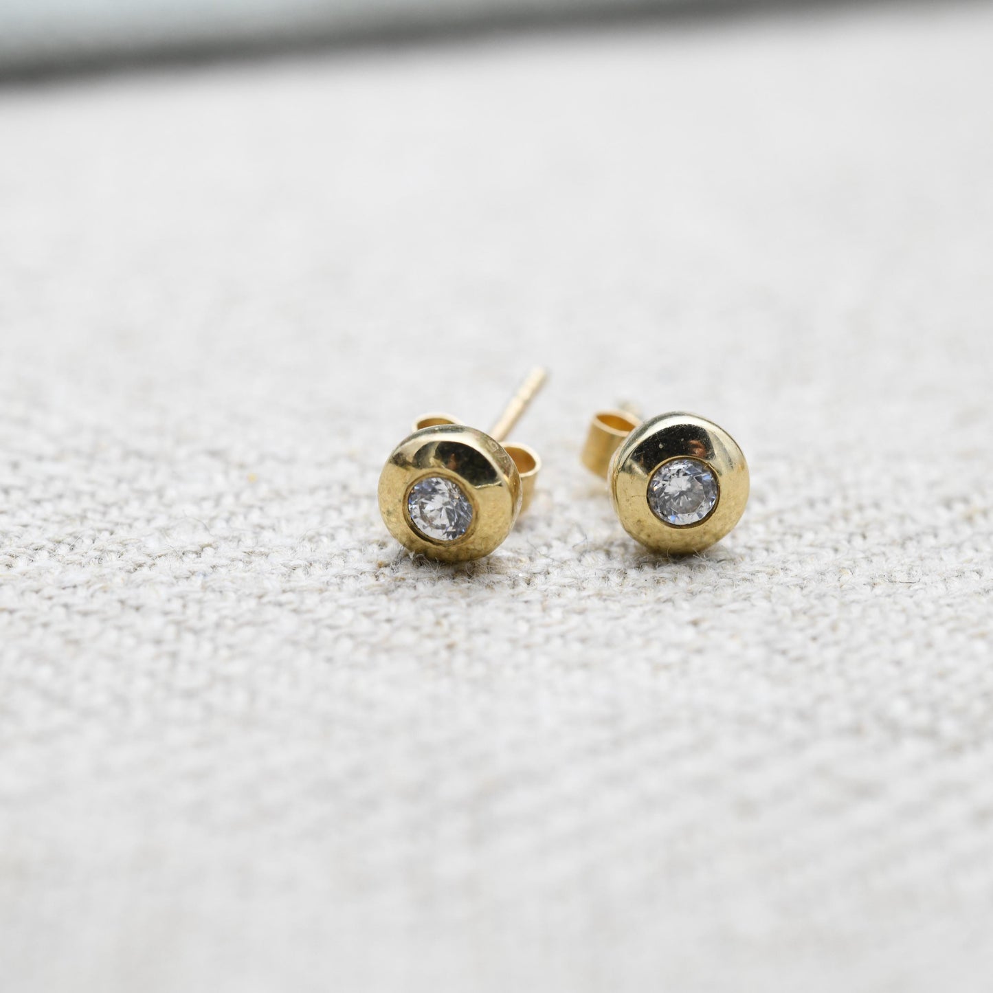 Vintage 9ct Gold CZ Bezel Set Stud Earrings - Sparkly Clear Gemstone | Gold Birthday Gift | Butterfly Back | Everyday Stud Earrings