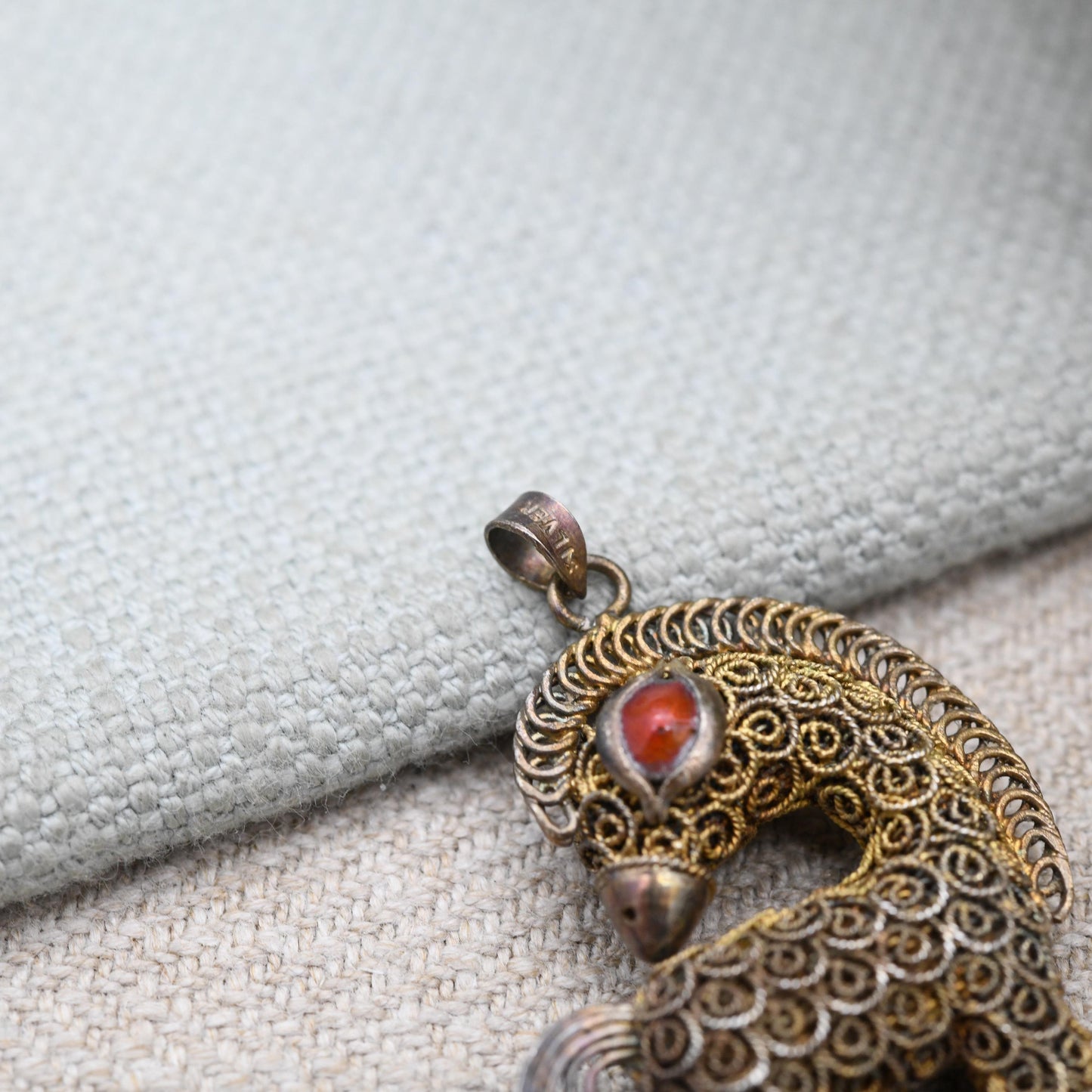 Vintage Chinese Export Silver Gilt Filigree Horse Pendant with Red Enamel Eyes